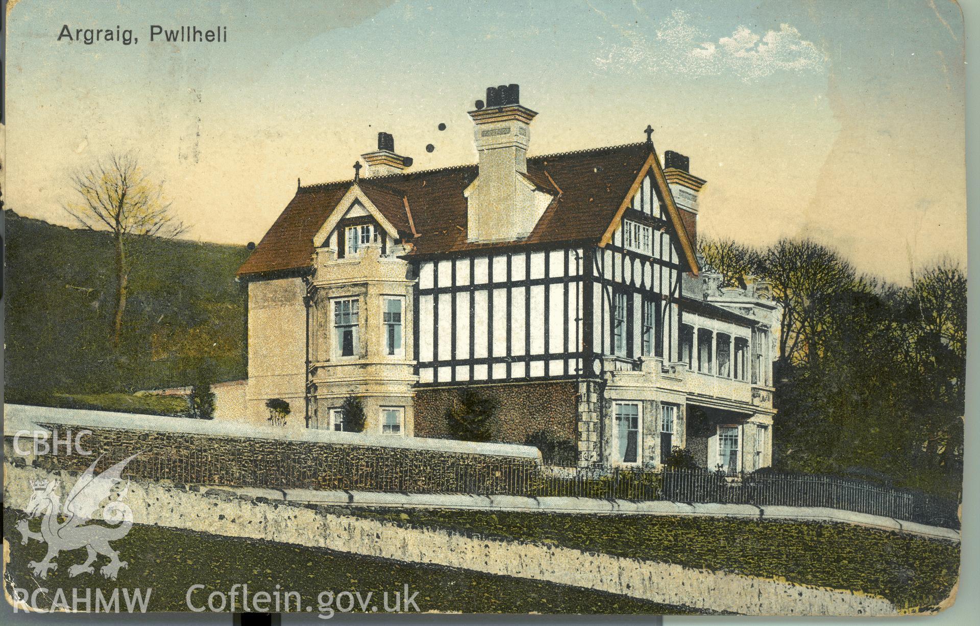 Digitised postcard image of Argraig, Pwllheli. Produced by Parks and Gardens Data Services, from an original item in the Peter Davis Collection at Parks and Gardens UK. We hold only web-resolution images of this collection, suitable for viewing on screen and for research purposes only. We do not hold the original images, or publication quality scans.