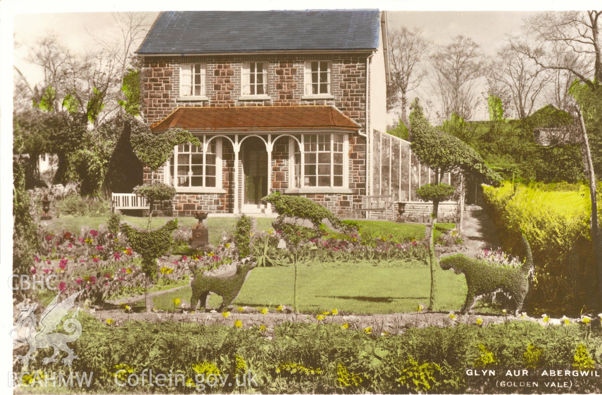 Digitised postcard image of topiary at Glynaur, Abergwili, D. Davies, Glynaur, Abergwili. Produced by Parks and Gardens Data Services, from an original item in the Peter Davis Collection at Parks and Gardens UK. We hold only web-resolution images of this collection, suitable for viewing on screen and for research purposes only. We do not hold the original images, or publication quality scans.