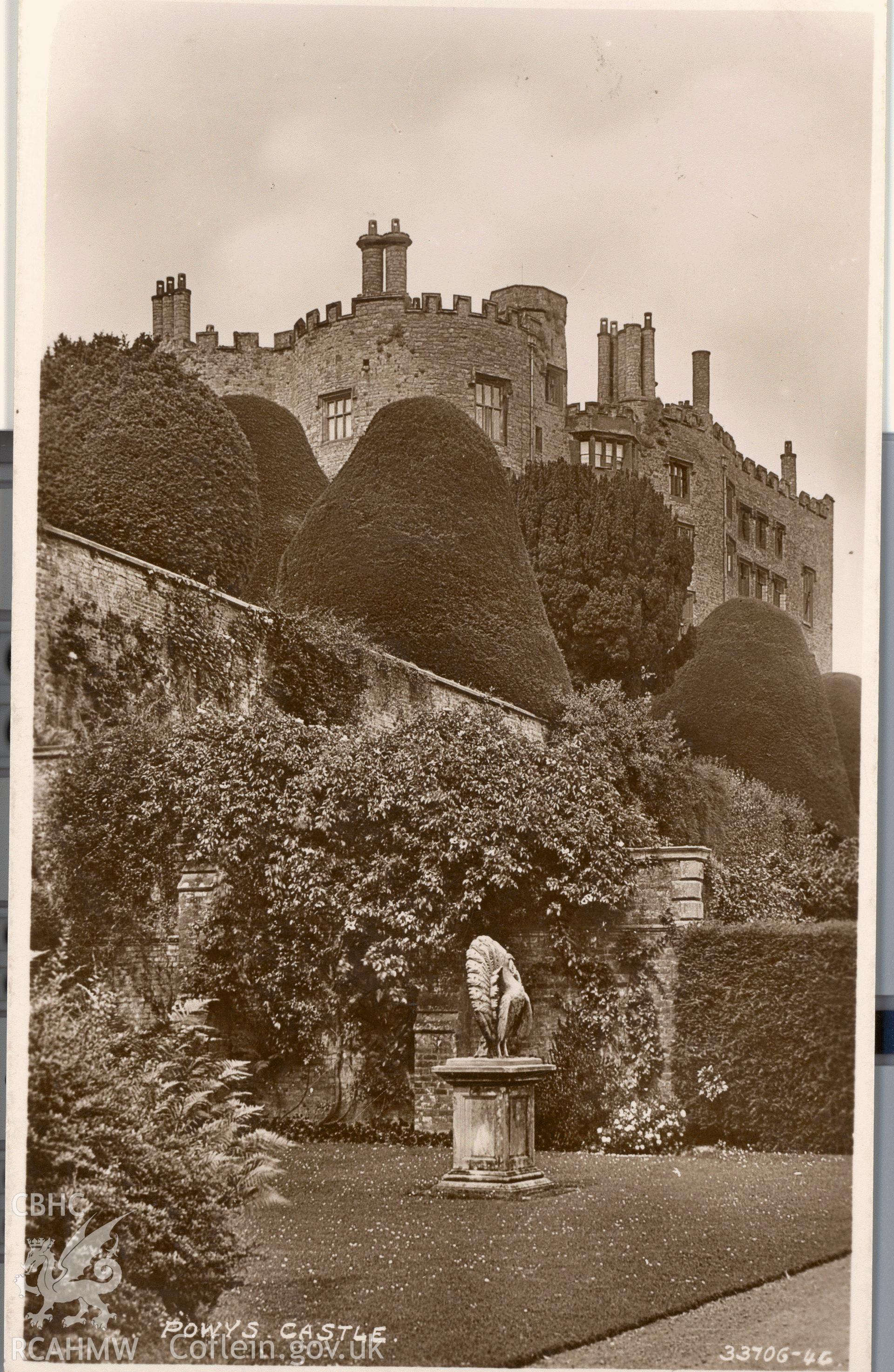Digitised postcard image of Powis Castle showing terraces and peacock statue. Produced by Parks and Gardens Data Services, from an original item in the Peter Davis Collection at Parks and Gardens UK. We hold only web-resolution images of this collection, suitable for viewing on screen and for research purposes only. We do not hold the original images, or publication quality scans.