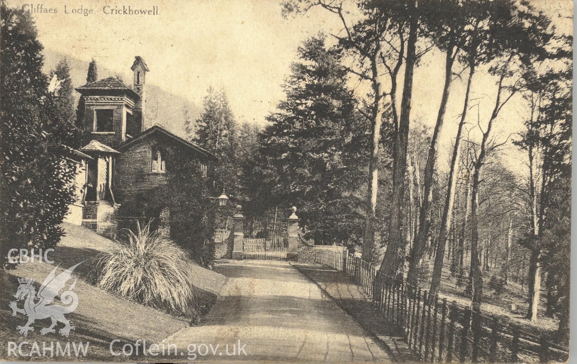 Digitised postcard image of Gliffaes Lodge, R.H. Stevens. Produced by Parks and Gardens Data Services, from an original item in the Peter Davis Collection at Parks and Gardens UK. We hold only web-resolution images of this collection, suitable for viewing on screen and for research purposes only. We do not hold the original images, or publication quality scans.