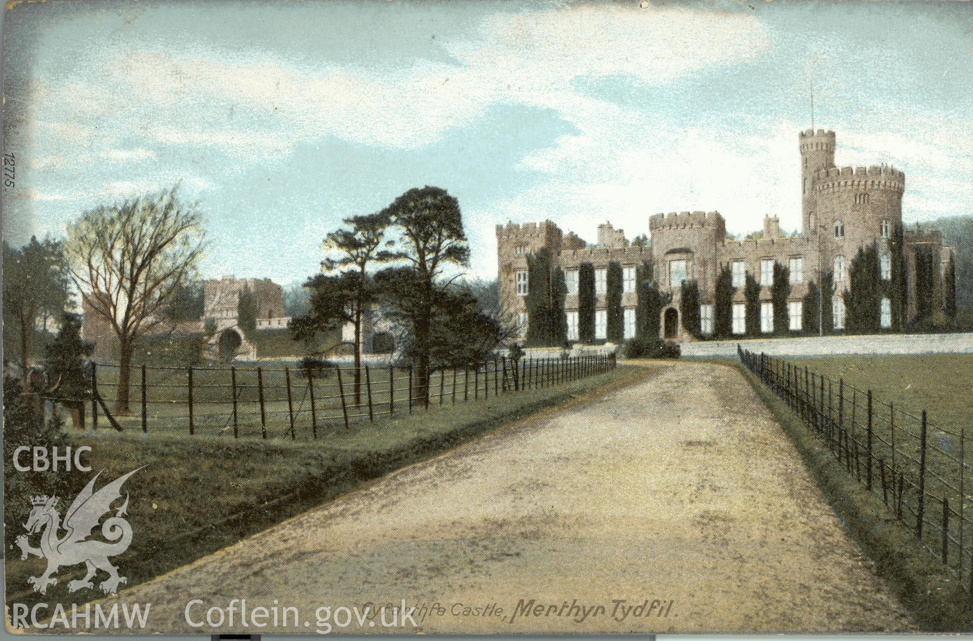 Digitised postcard image of Cyfarthfa Castle, Merthyr Tydfil. Produced by Parks and Gardens Data Services, from an original item in the Peter Davis Collection at Parks and Gardens UK. We hold only web-resolution images of this collection, suitable for viewing on screen and for research purposes only. We do not hold the original images, or publication quality scans.