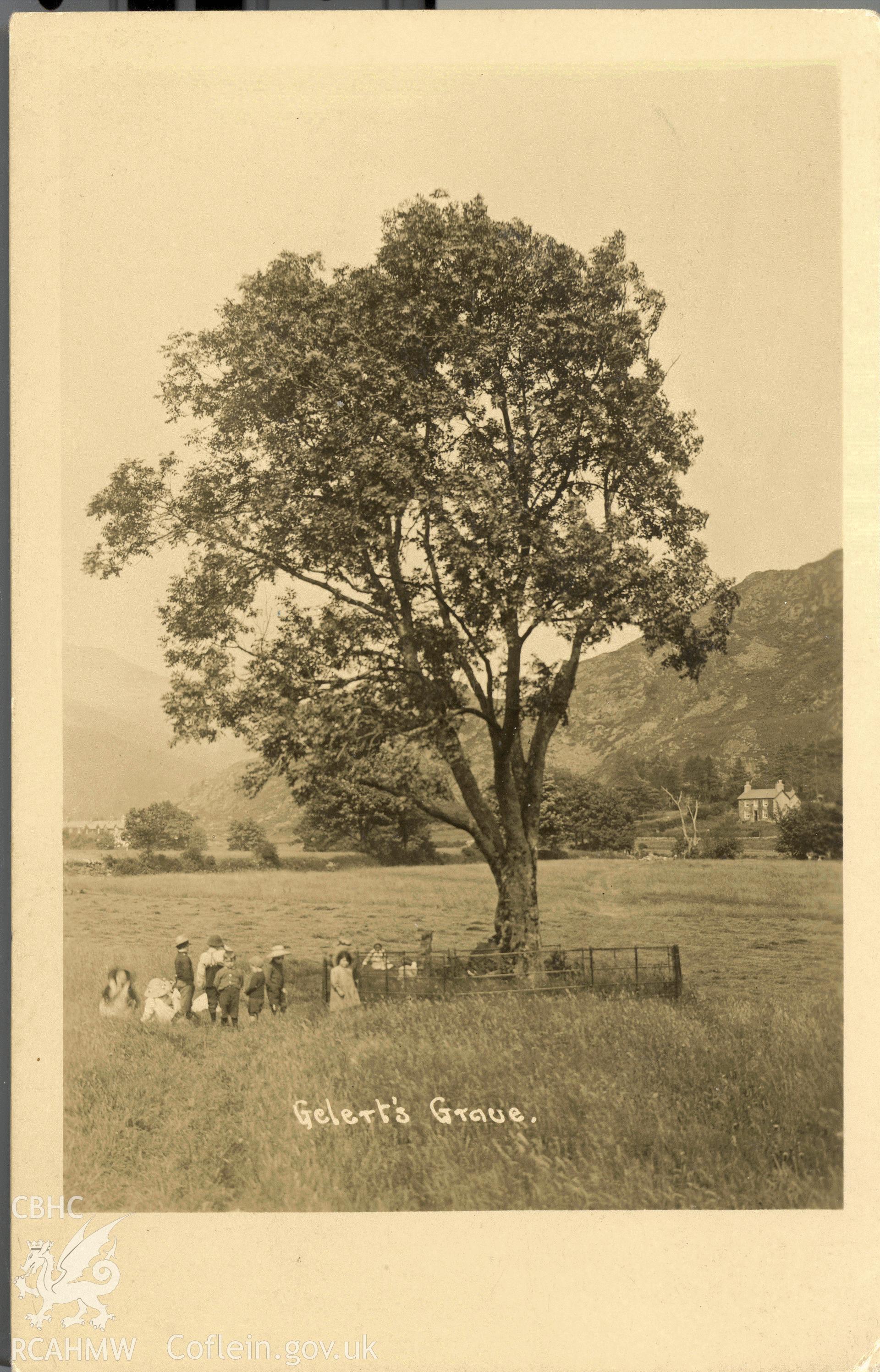 Digitised postcard image of Gelert's Grave, Beddgelert, with group of children. Produced by Parks and Gardens Data Services, from an original item in the Peter Davis Collection at Parks and Gardens UK. We hold only web-resolution images of this collection, suitable for viewing on screen and for research purposes only. We do not hold the original images, or publication quality scans.