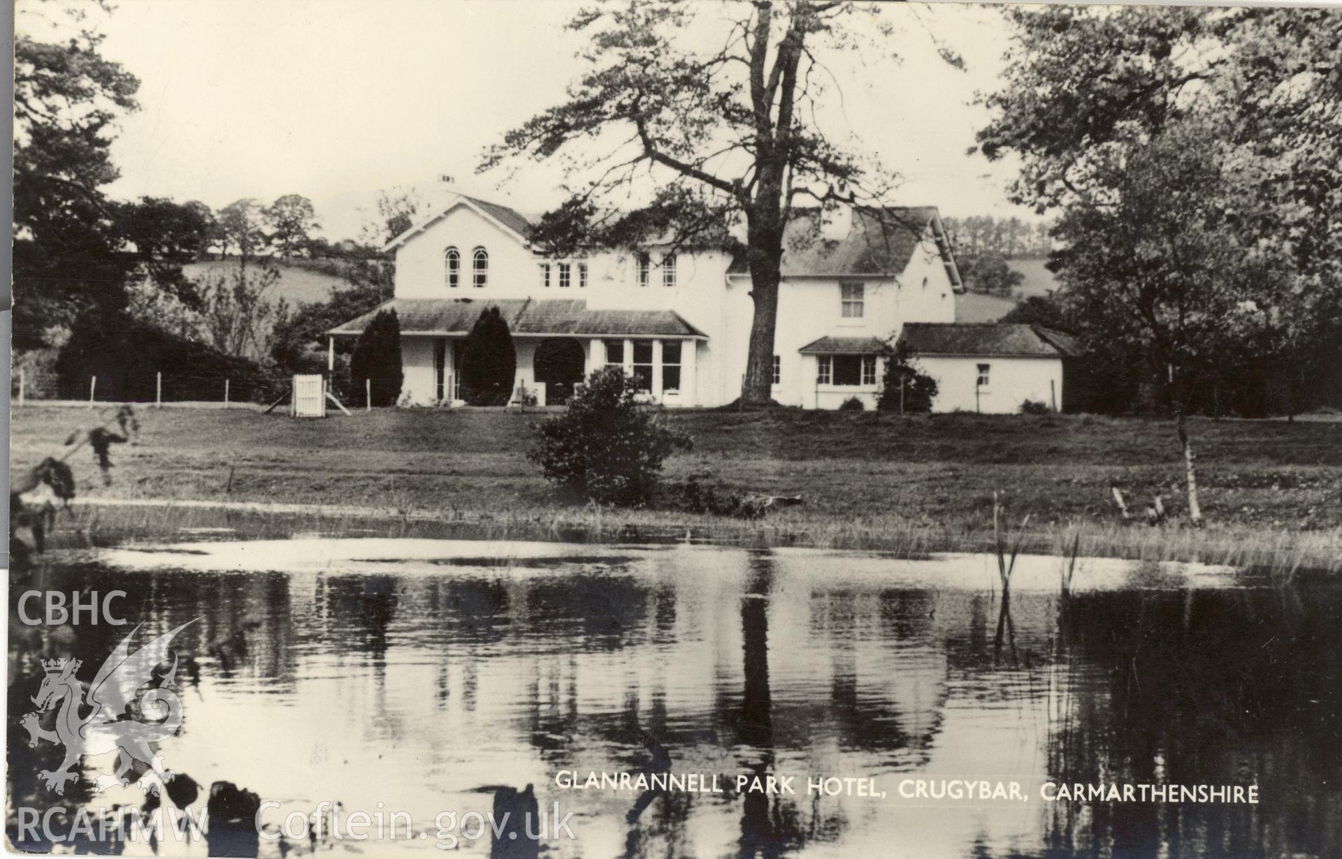 Digitised postcard image of Glanrannell Park Hotel. Produced by Parks and Gardens Data Services, from an original item in the Peter Davis Collection at Parks and Gardens UK. We hold only web-resolution images of this collection, suitable for viewing on screen and for research purposes only. We do not hold the original images, or publication quality scans.