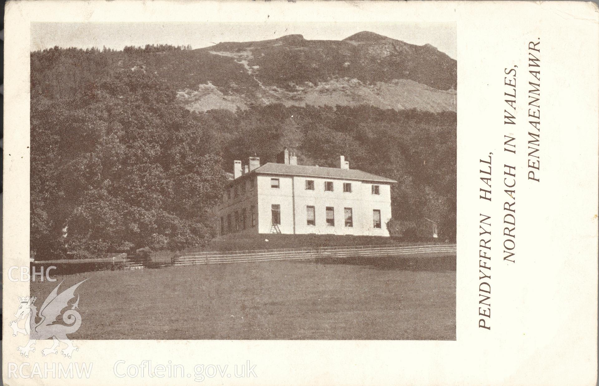 Digitised postcard image of Pendyffryn Hall, Penmaenmawr, San Bride Post Card. Produced by Parks and Gardens Data Services, from an original item in the Peter Davis Collection at Parks and Gardens UK. We hold only web-resolution images of this collection, suitable for viewing on screen and for research purposes only. We do not hold the original images, or publication quality scans.