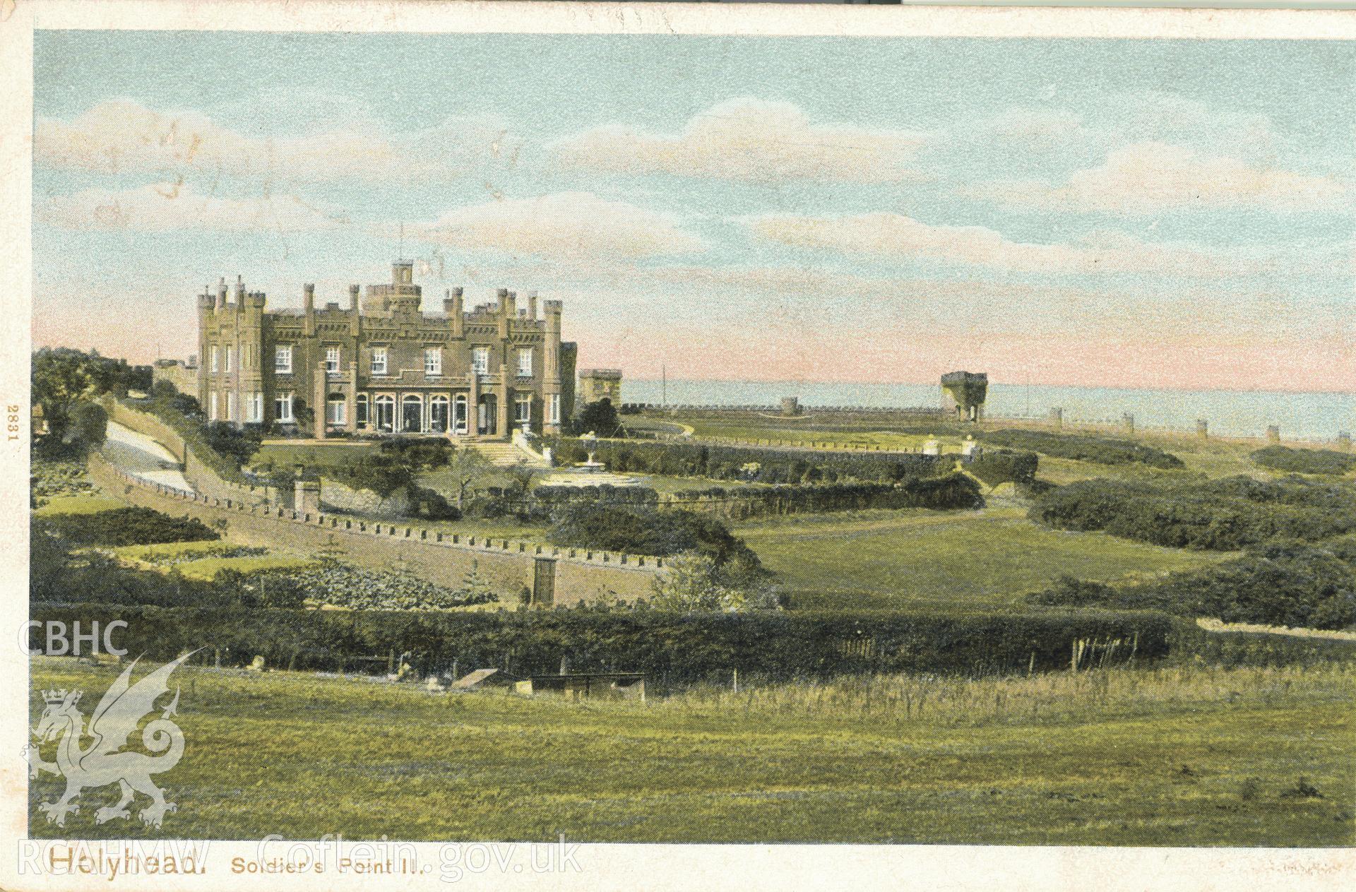 Digitised postcard image of Soldier's Point Hotel, Holyhead, Peacock AUTOCHROM - Pictorial Sationery Company Ltd, London. Produced by Parks and Gardens Data Services, from an original item in the Peter Davis Collection at Parks and Gardens UK. We hold only web-resolution images of this collection, suitable for viewing on screen and for research purposes only. We do not hold the original images, or publication quality scans.