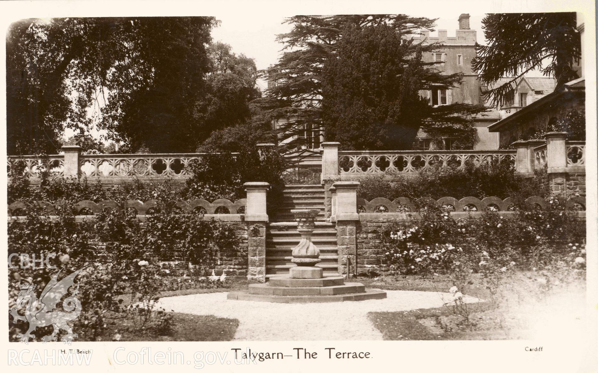 Digitised postcard image of Talygarn, The Terrace, H.T. Beach, The Studio, 238 Whitchurch Road, Cardiff. Produced by Parks and Gardens Data Services, from an original item in the Peter Davis Collection at Parks and Gardens UK. We hold only web-resolution images of this collection, suitable for viewing on screen and for research purposes only. We do not hold the original images, or publication quality scans.