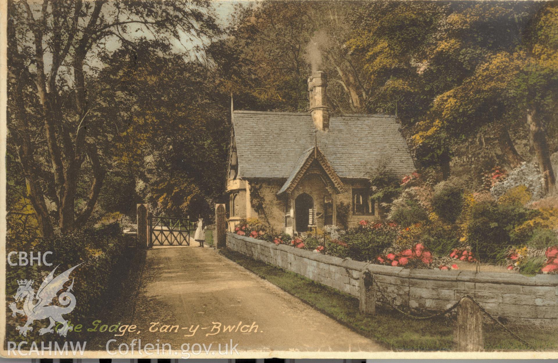 Digitised postcard image of Plas Tanybwlch, Main Lodge, Frith's Series. Produced by Parks and Gardens Data Services, from an original item in the Peter Davis Collection at Parks and Gardens UK. We hold only web-resolution images of this collection, suitable for viewing on screen and for research purposes only. We do not hold the original images, or publication quality scans.