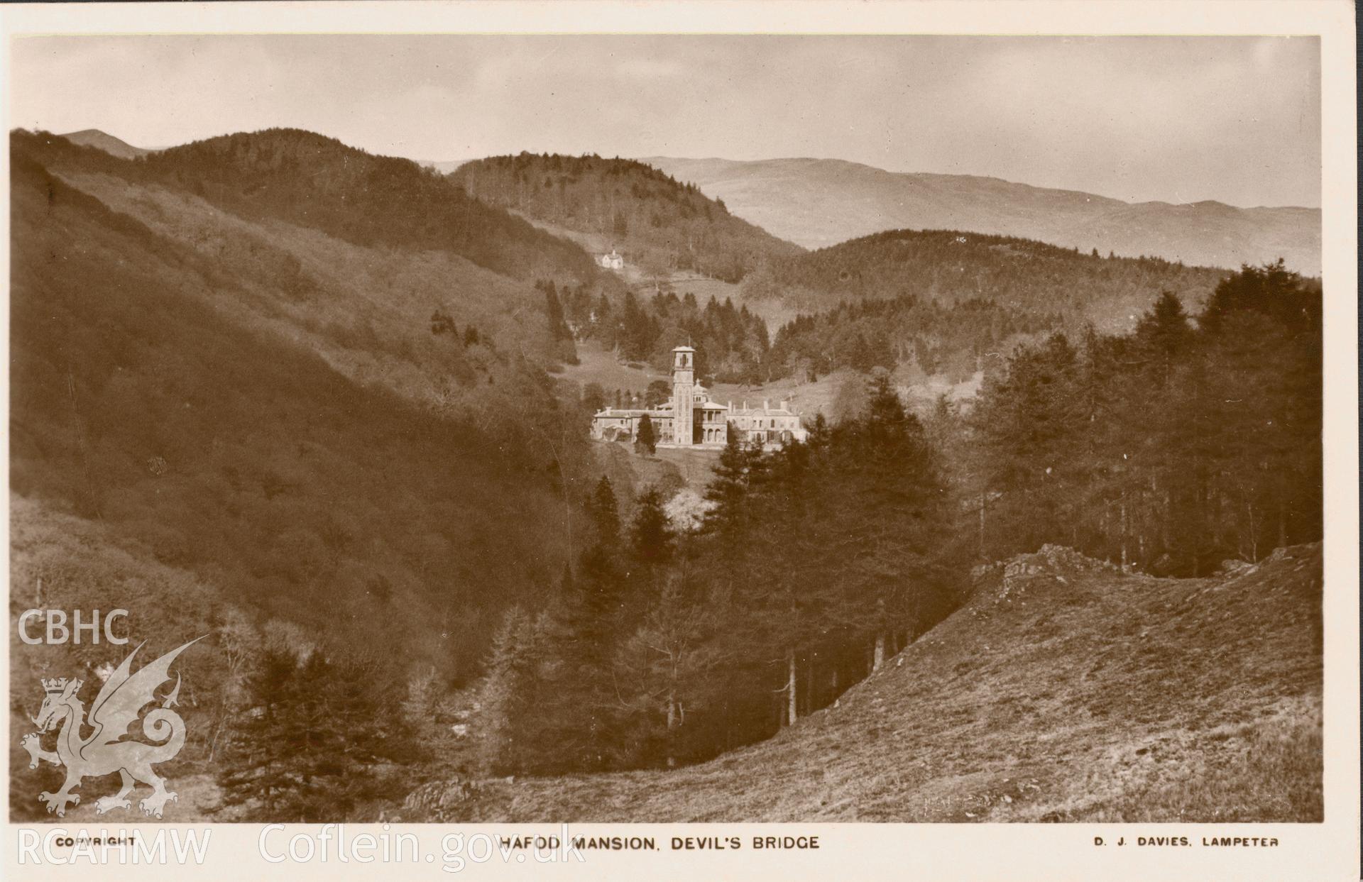 Digitised postcard image of Hafod Uchtryd mansion, D.J. Davies, Lampeter. Produced by Parks and Gardens Data Services, from an original item in the Peter Davis Collection at Parks and Gardens UK. We hold only web-resolution images of this collection, suitable for viewing on screen and for research purposes only. We do not hold the original images, or publication quality scans.