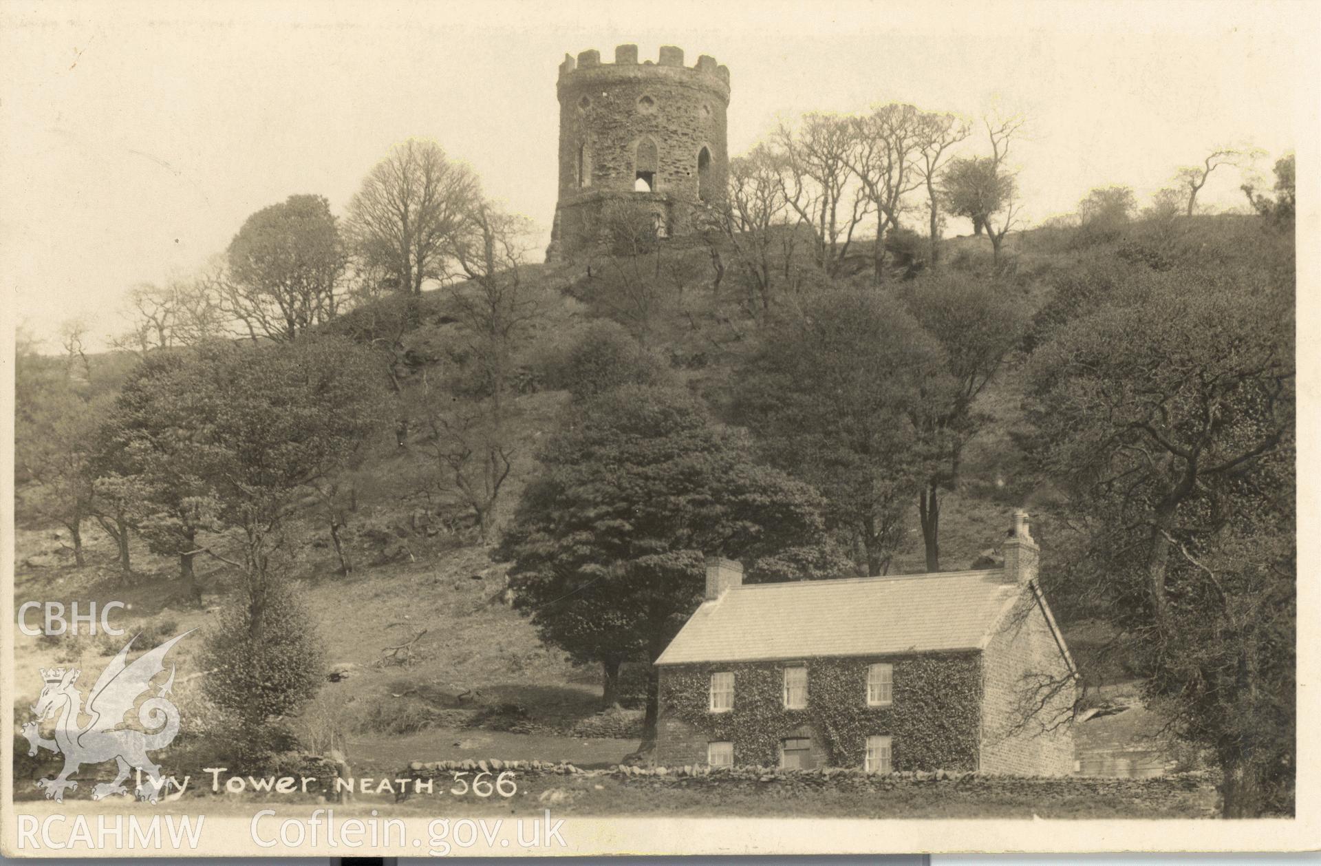 Digitised postcard image of Ivy Tower, Tonna, and Dan-y-lan Farm, Viner's Series. Published by gregory Brothers, New Street, Neath. Produced by Parks and Gardens Data Services, from an original item in the Peter Davis Collection at Parks and Gardens UK. We hold only web-resolution images of this collection, suitable for viewing on screen and for research purposes only. We do not hold the original images, or publication quality scans.