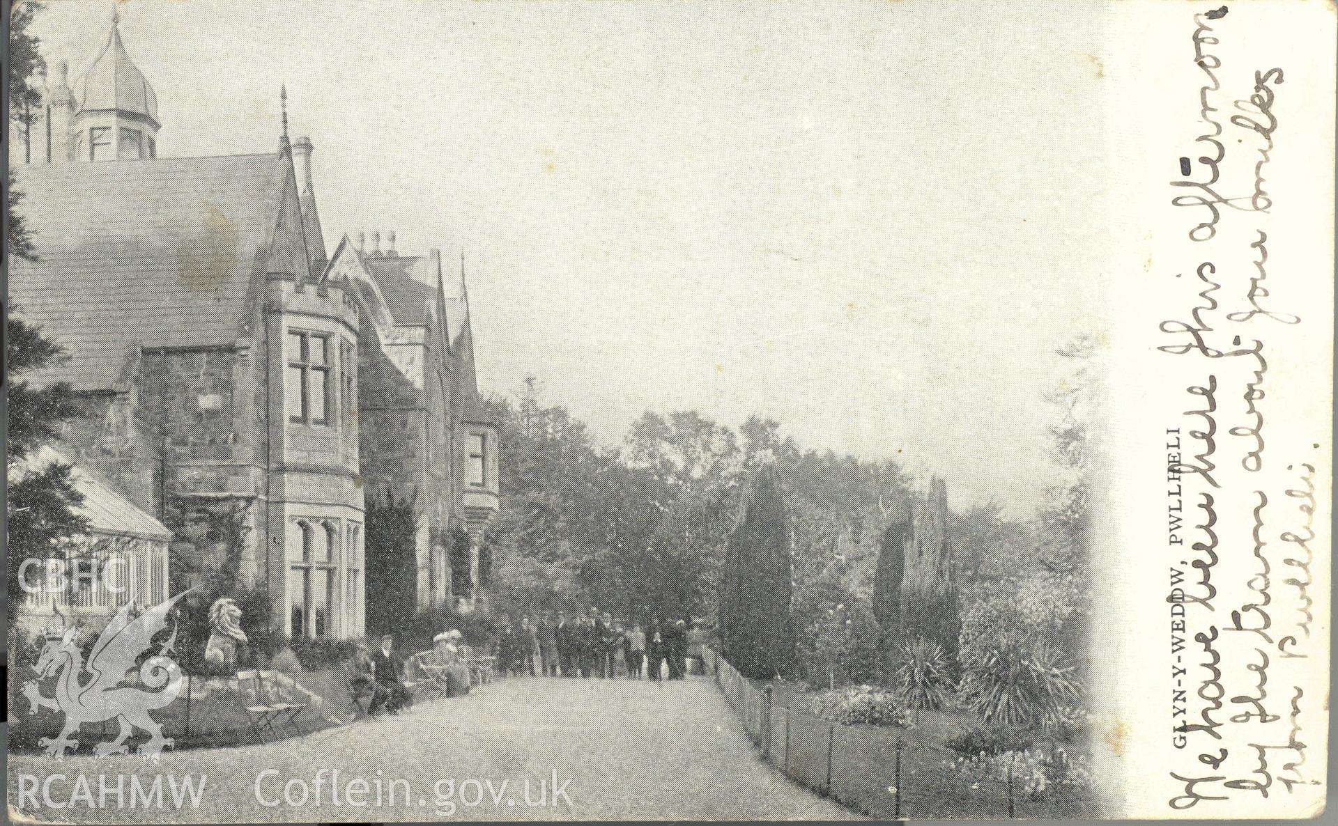 Digitised postcard image of Plas Glyn y weddw, Llanbedrog, with figures. Produced by Parks and Gardens Data Services, from an original item in the Peter Davis Collection at Parks and Gardens UK. We hold only web-resolution images of this collection, suitable for viewing on screen and for research purposes only. We do not hold the original images, or publication quality scans.