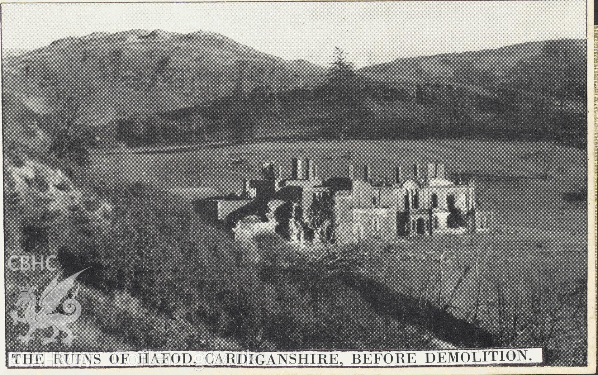 Digitised postcard image of Hafod Uchtryd mansion ruins. Produced by Parks and Gardens Data Services, from an original item in the Peter Davis Collection at Parks and Gardens UK. We hold only web-resolution images of this collection, suitable for viewing on screen and for research purposes only. We do not hold the original images, or publication quality scans.
