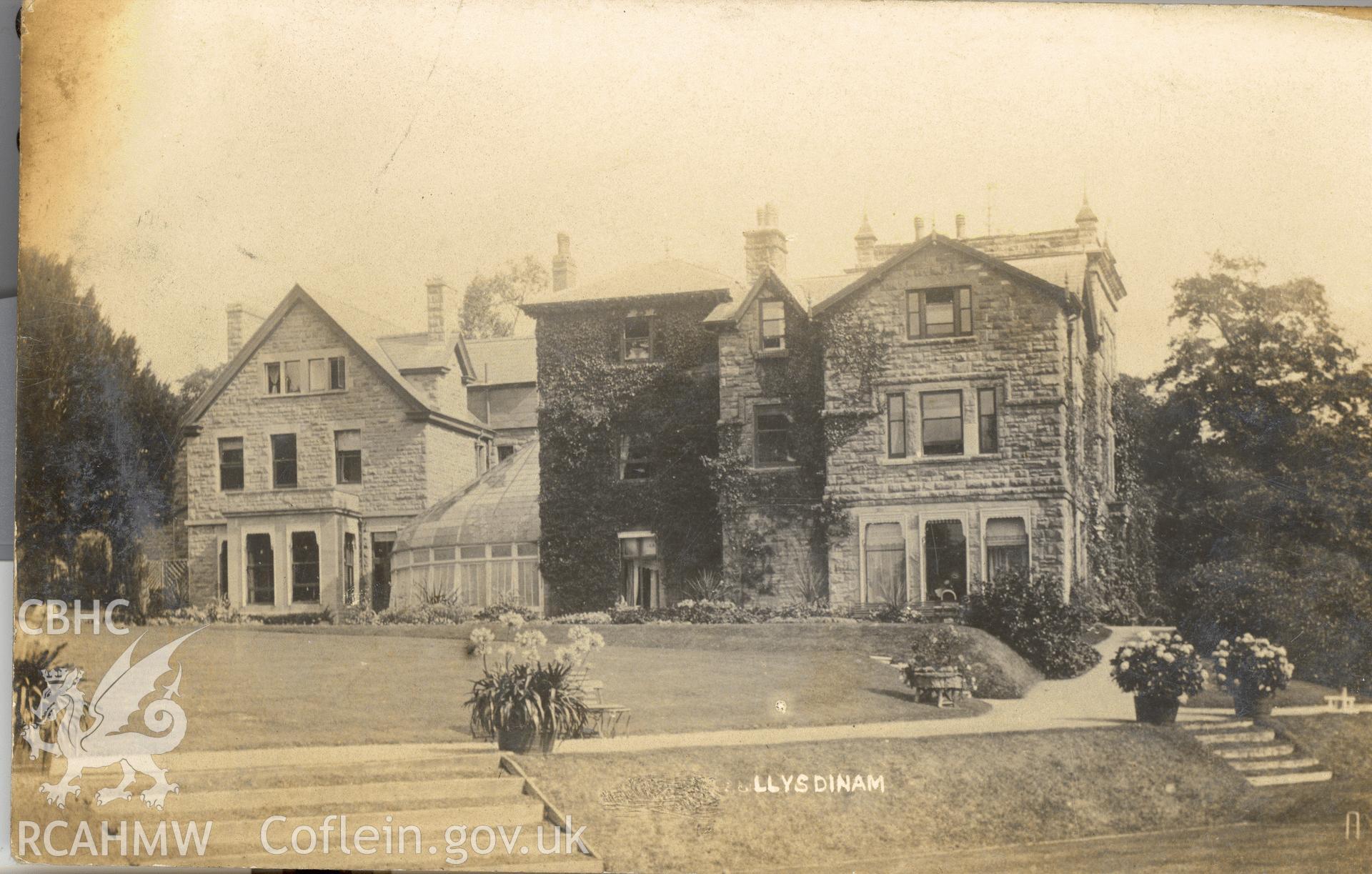 Digitised postcard image of Llysdinam Hall, Newbridge on Wye. Produced by Parks and Gardens Data Services, from an original item in the Peter Davis Collection at Parks and Gardens UK. We hold only web-resolution images of this collection, suitable for viewing on screen and for research purposes only. We do not hold the original images, or publication quality scans.