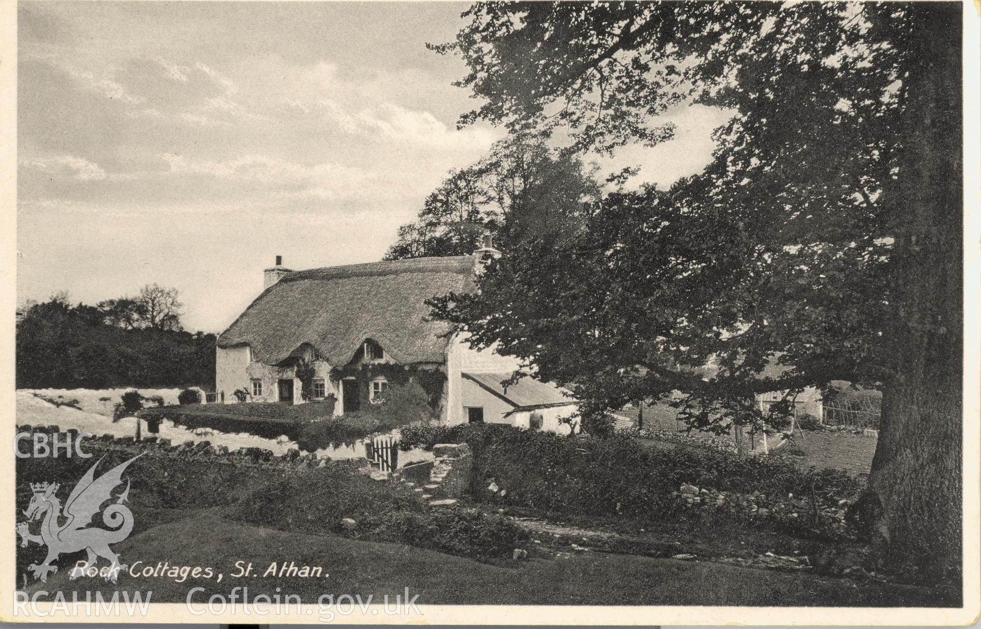 Digitised postcard image of Rock Cottages, St Athan. Produced by Parks and Gardens Data Services, from an original item in the Peter Davis Collection at Parks and Gardens UK. We hold only web-resolution images of this collection, suitable for viewing on screen and for research purposes only. We do not hold the original images, or publication quality scans.