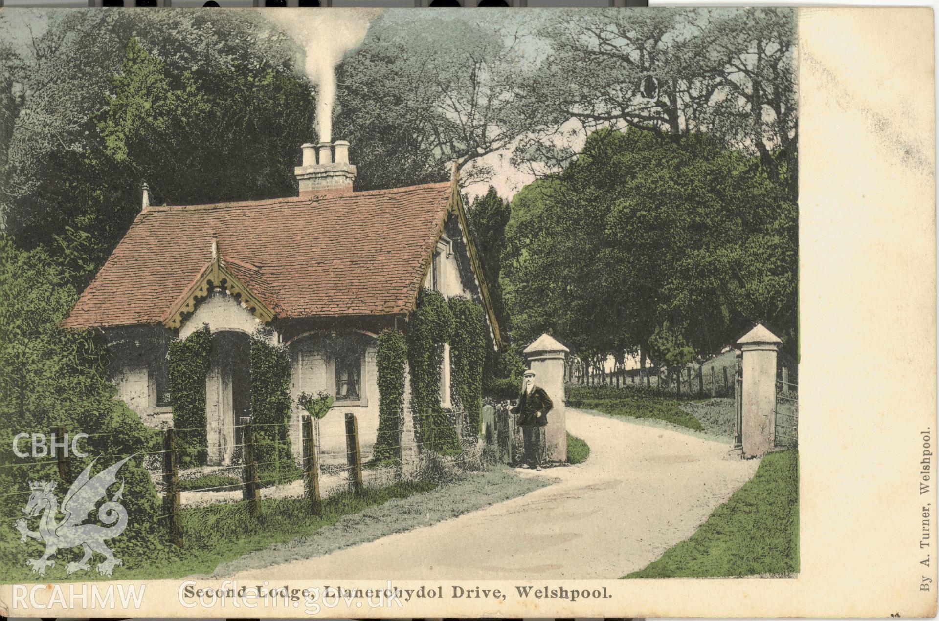Digitised postcard image of Second Lodge, Llanerchydol Hall, Welshppool,  A. Thomas, C.H. Gwynne, Stationer, Broad Street, Welshpool. Produced by Parks and Gardens Data Services, from an original item in the Peter Davis Collection at Parks and Gardens UK. We hold only web-resolution images of this collection, suitable for viewing on screen and for research purposes only. We do not hold the original images, or publication quality scans.