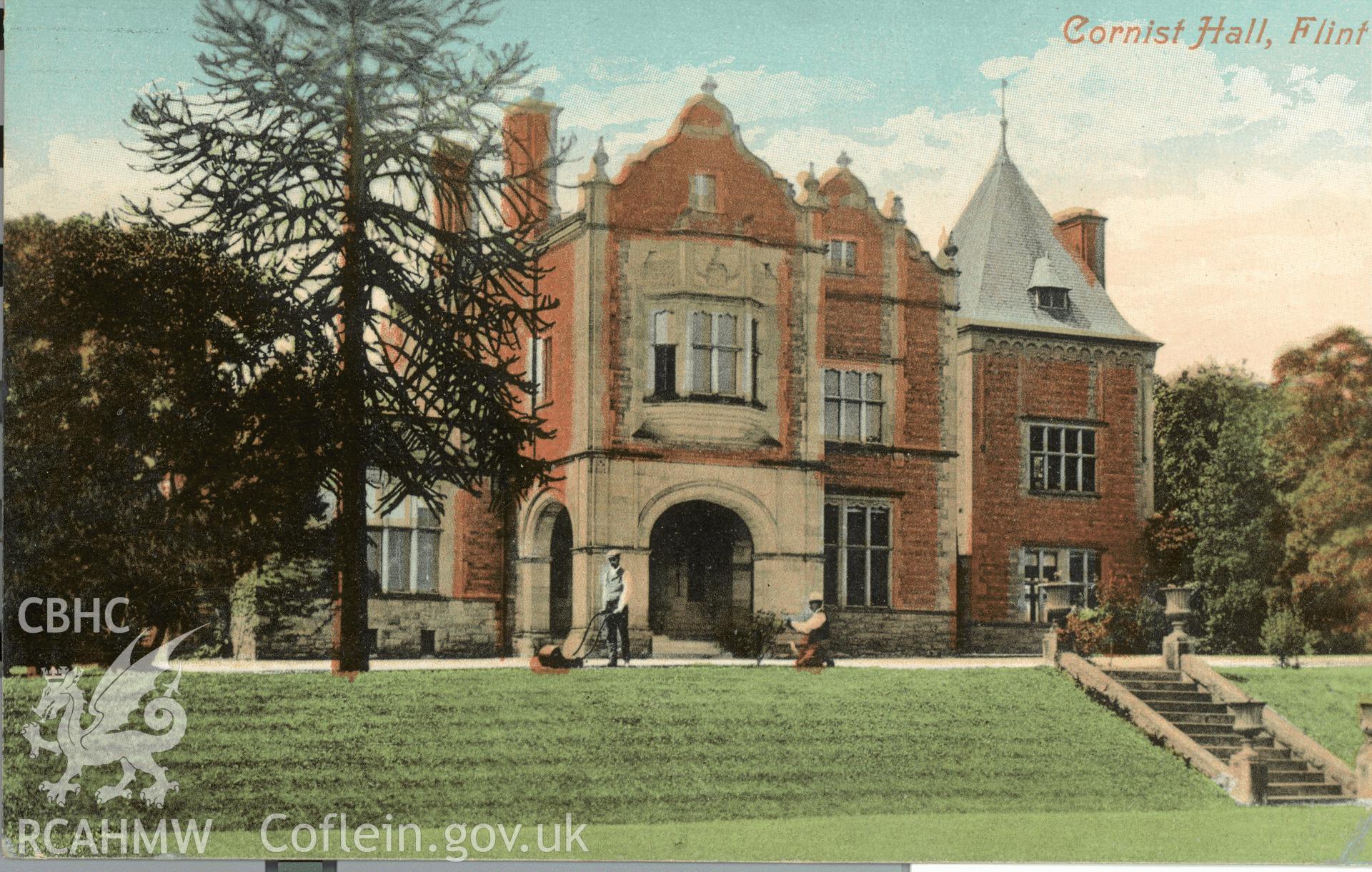 Digitised postcard image of Cornist Hall, Flin. Produced by Parks and Gardens Data Services, from an original item in the Peter Davis Collection at Parks and Gardens UK. We hold only web-resolution images of this collection, suitable for viewing on screen and for research purposes only. We do not hold the original images, or publication quality scans.