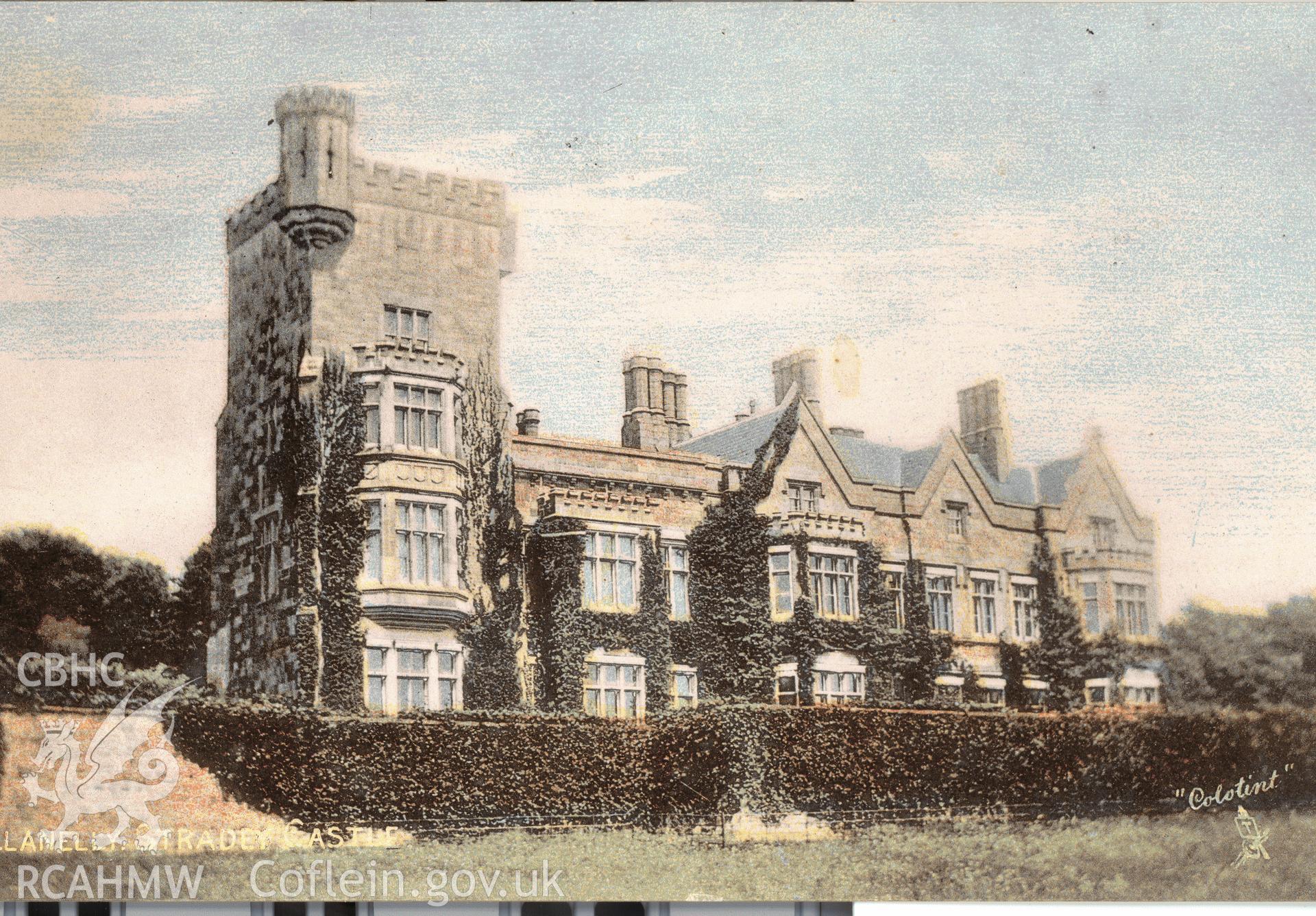 Digitised postcard image of Stradey Castle, Llanelli, Raphael Tuck and Sons Ltd. Produced by Parks and Gardens Data Services, from an original item in the Peter Davis Collection at Parks and Gardens UK. We hold only web-resolution images of this collection, suitable for viewing on screen and for research purposes only. We do not hold the original images, or publication quality scans.