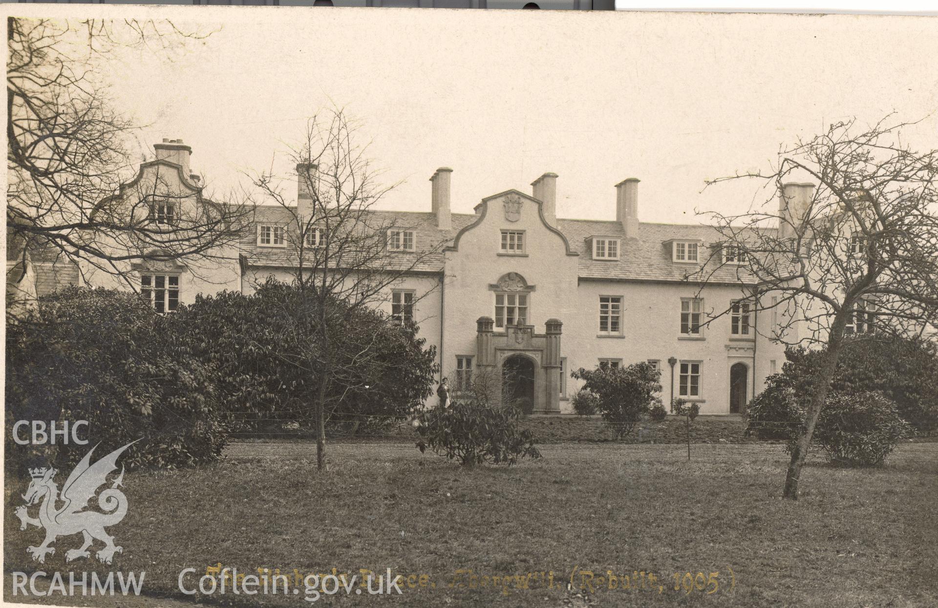 Digitised postcard image of the Bishop's Palace, Abergwili. Produced by Parks and Gardens Data Services, from an original item in the Peter Davis Collection at Parks and Gardens UK. We hold only web-resolution images of this collection, suitable for viewing on screen and for research purposes only. We do not hold the original images, or publication quality scans.