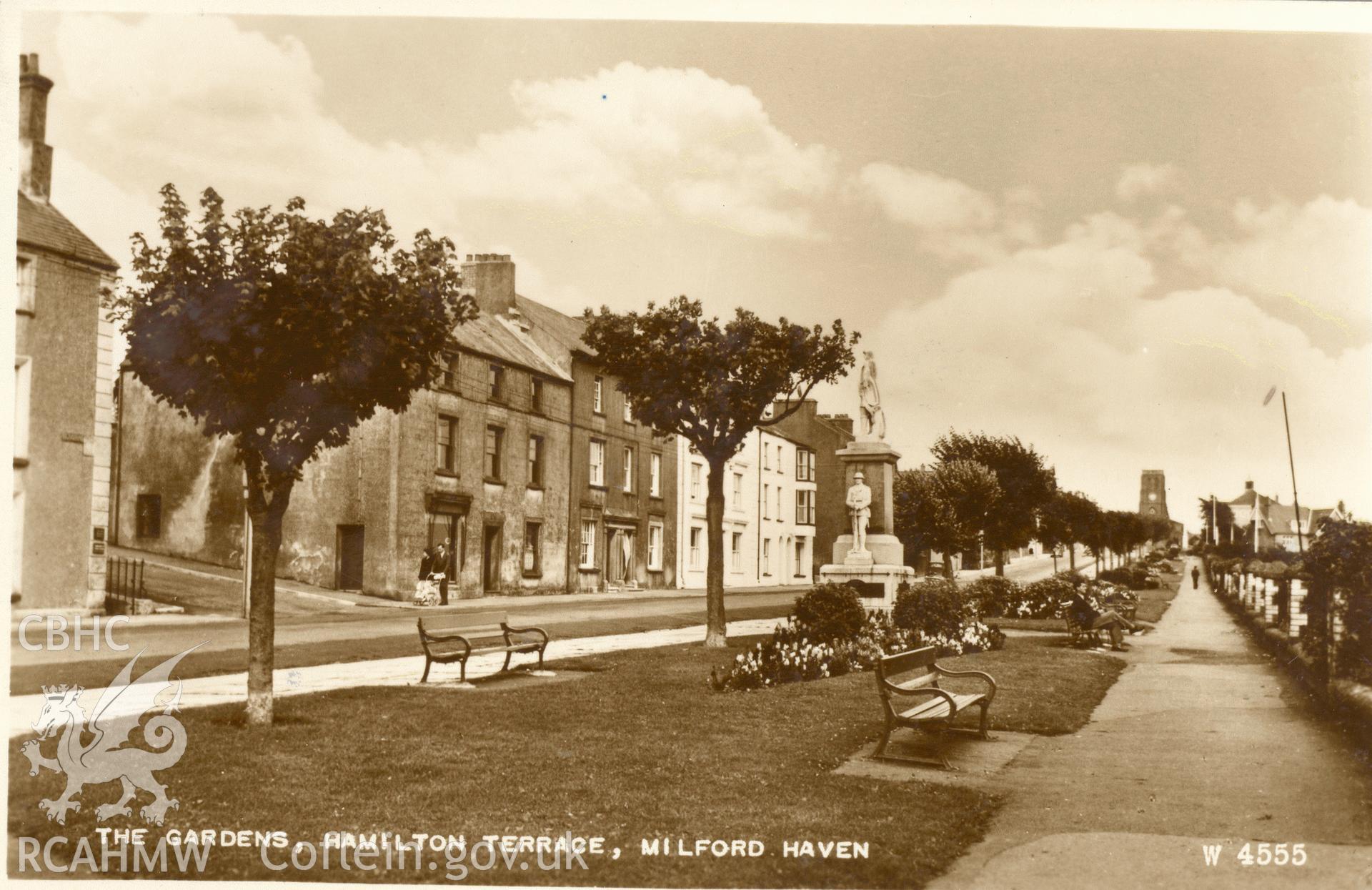 Digitised postcard image of War Memorial, Hamilton Terrace, Milford Haven, Valentine & Sons Ltd., Dundee and London. Produced by Parks and Gardens Data Services, from an original item in the Peter Davis Collection at Parks and Gardens UK. We hold only web-resolution images of this collection, suitable for viewing on screen and for research purposes only. We do not hold the original images, or publication quality scans.