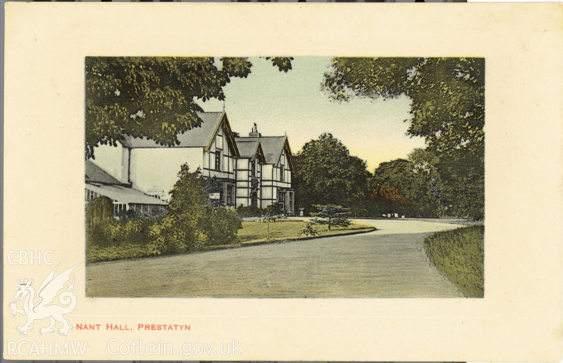 Digitised postcard image of Nant Hall Hotel, Prestatyn, TJ Burrows, Prestatyn. Produced by Parks and Gardens Data Services, from an original item in the Peter Davis Collection at Parks and Gardens UK. We hold only web-resolution images of this collection, suitable for viewing on screen and for research purposes only. We do not hold the original images, or publication quality scans.