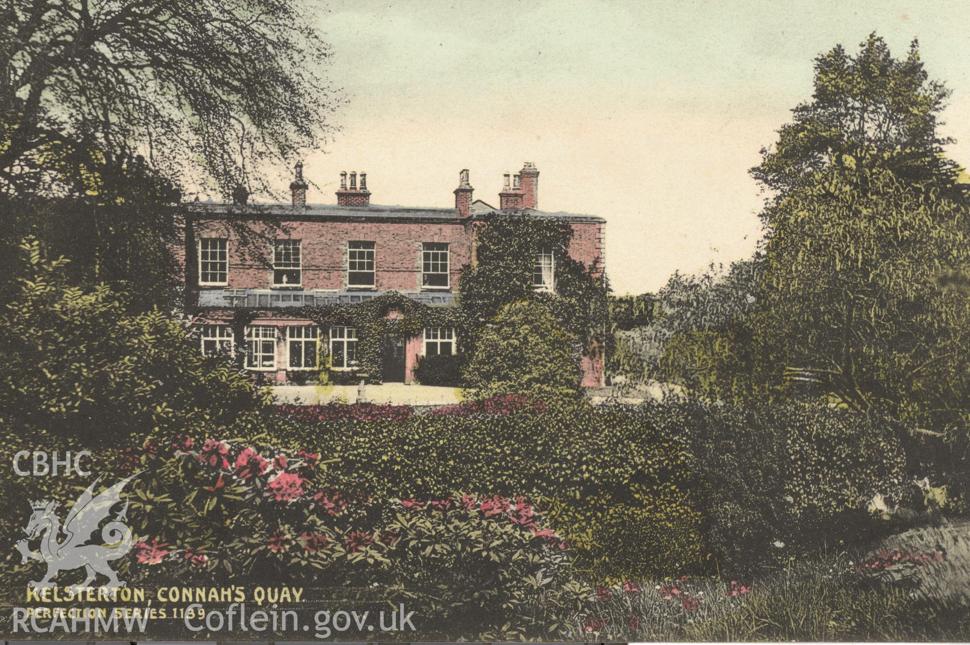 Digitised postcard image of Kelsterton Hall, Connah's Quay, Perfection Series. Produced by Parks and Gardens Data Services, from an original item in the Peter Davis Collection at Parks and Gardens UK. We hold only web-resolution images of this collection, suitable for viewing on screen and for research purposes only. We do not hold the original images, or publication quality scans.
