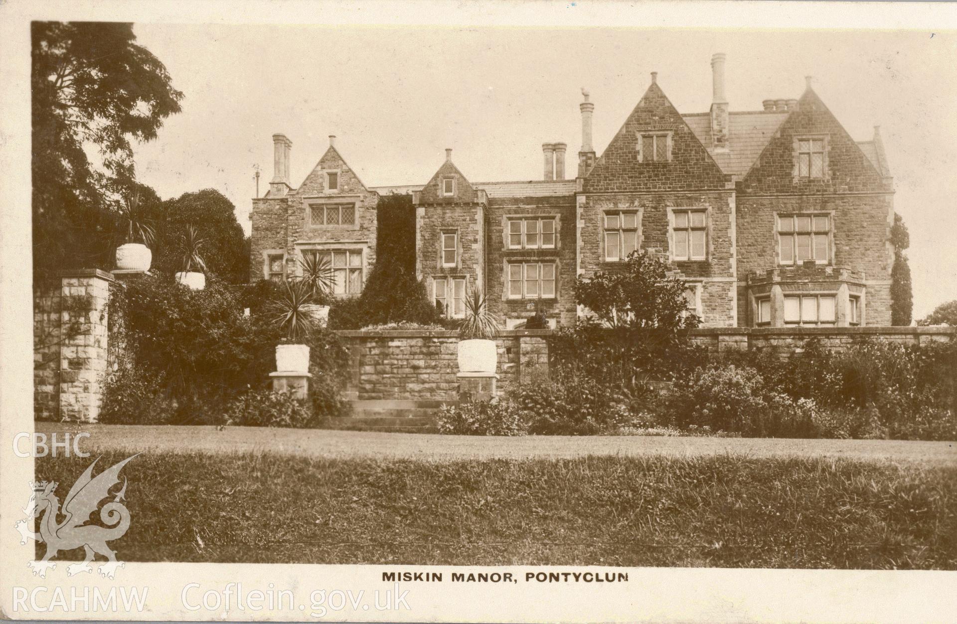 Digitised postcard image of Miskin Manor, Pontyclun. Produced by Parks and Gardens Data Services, from an original item in the Peter Davis Collection at Parks and Gardens UK. We hold only web-resolution images of this collection, suitable for viewing on screen and for research purposes only. We do not hold the original images, or publication quality scans.