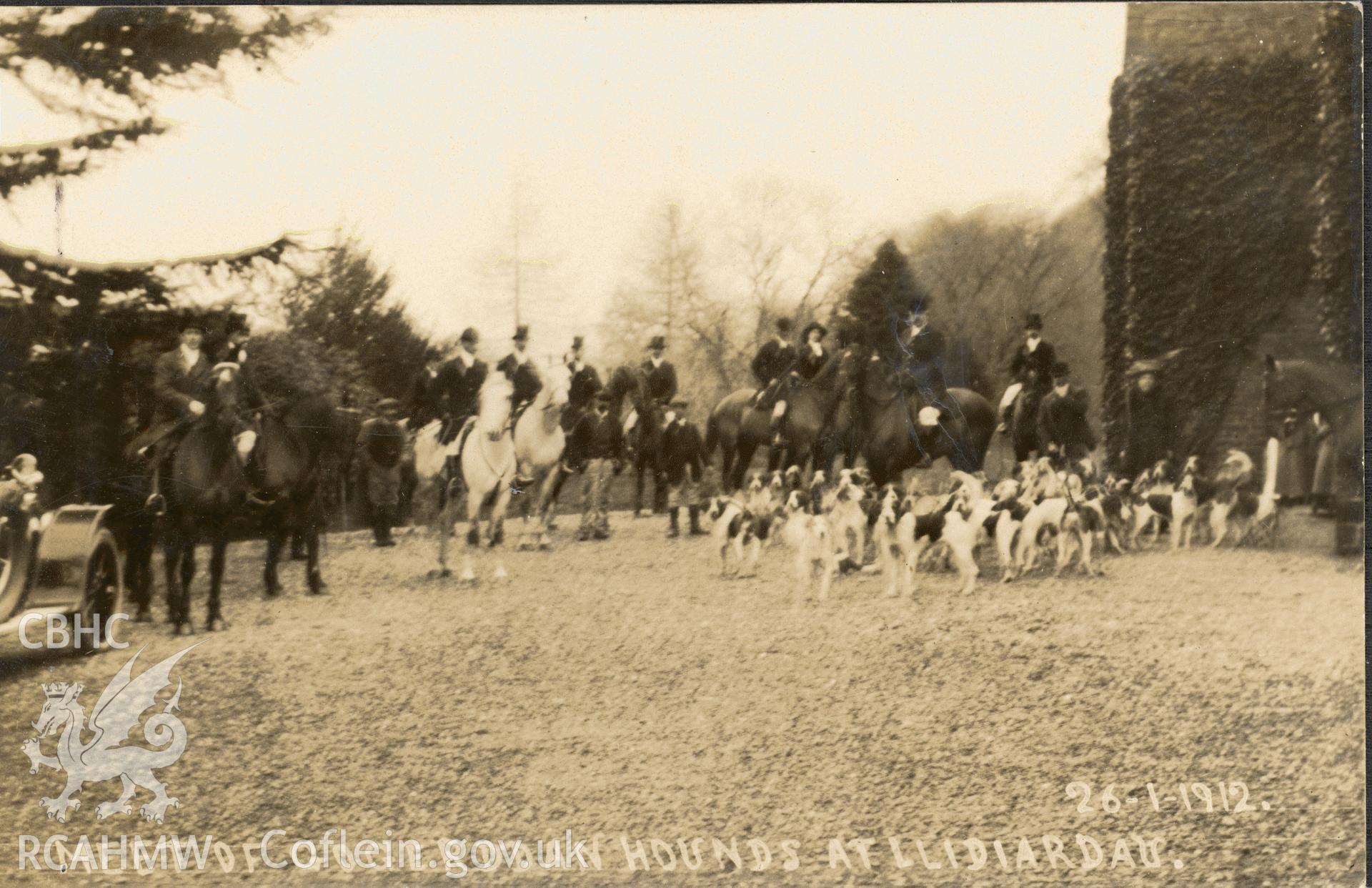 Digitised postcard image of hunt meeting at Plas Llidiardau, Llanilar. Produced by Parks and Gardens Data Services, from an original item in the Peter Davis Collection at Parks and Gardens UK. We hold only web-resolution images of this collection, suitable for viewing on screen and for research purposes only. We do not hold the original images, or publication quality scans.