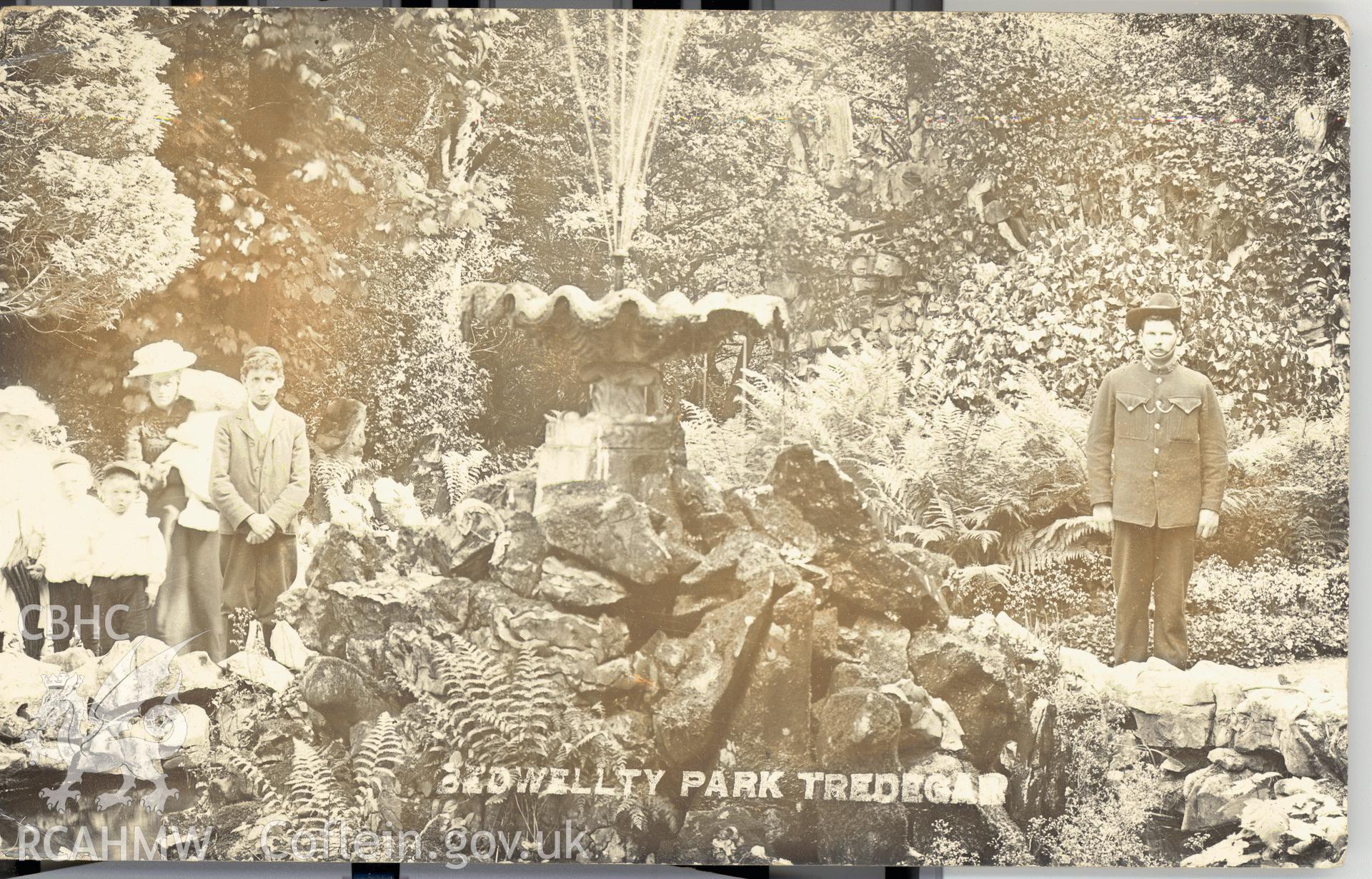 Digitised postcard image of the Grotto, Bedwellty Park, Tredegar. Produced by Parks and Gardens Data Services, from an original item in the Peter Davis Collection at Parks and Gardens UK. We hold only web-resolution images of this collection, suitable for viewing on screen and for research purposes only. We do not hold the original images, or publication quality scans.