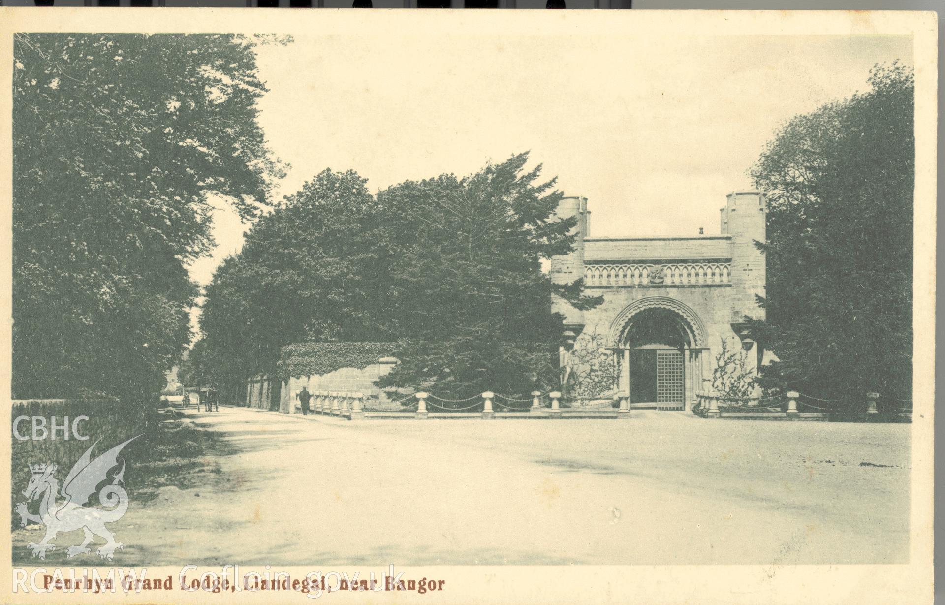 Digitised postcard image of Penrhyn Castle Grand Lodge, Wickens, Bangor. Produced by Parks and Gardens Data Services, from an original item in the Peter Davis Collection at Parks and Gardens UK. We hold only web-resolution images of this collection, suitable for viewing on screen and for research purposes only. We do not hold the original images, or publication quality scans.