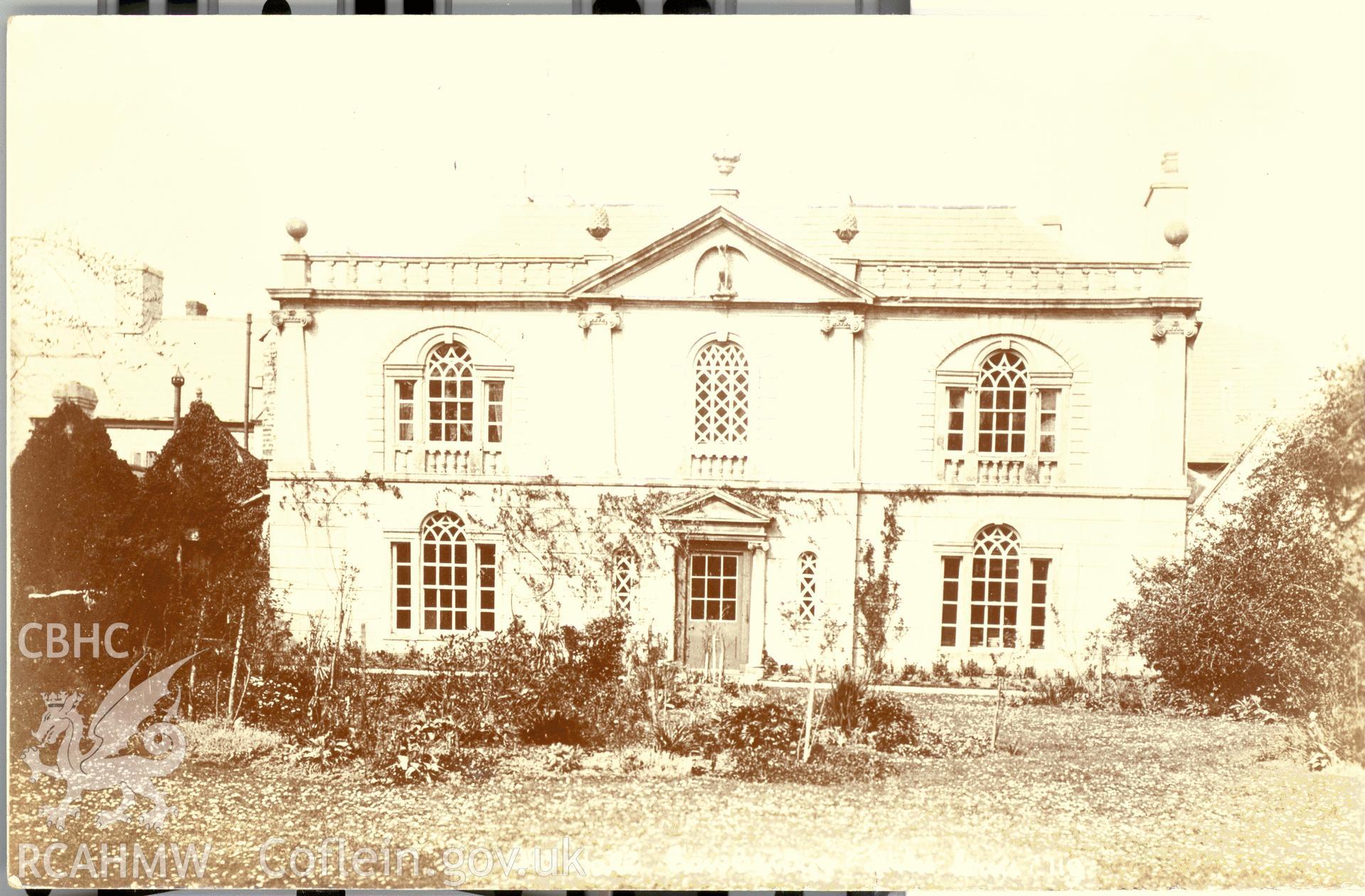 Digitised postcard image of Old Hall, Cowbridge, E. Miles, Ewenny Road Studio, Bridgend. Produced by Parks and Gardens Data Services, from an original item in the Peter Davis Collection at Parks and Gardens UK. We hold only web-resolution images of this collection, suitable for viewing on screen and for research purposes only. We do not hold the original images, or publication quality scans.