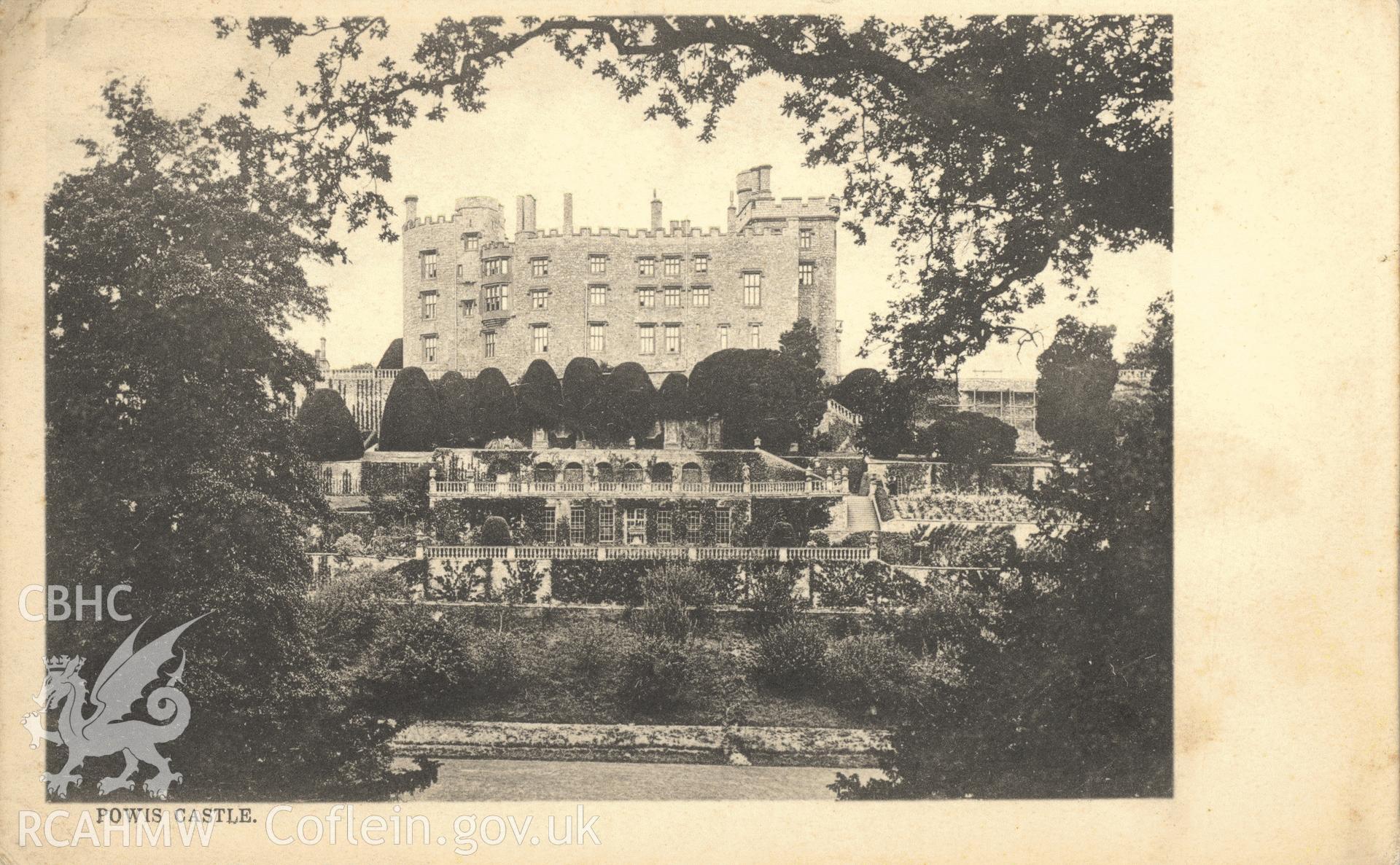 Digitised postcard image of Powis Castle showing Castle and terraces. Produced by Parks and Gardens Data Services, from an original item in the Peter Davis Collection at Parks and Gardens UK. We hold only web-resolution images of this collection, suitable for viewing on screen and for research purposes only. We do not hold the original images, or publication quality scans.