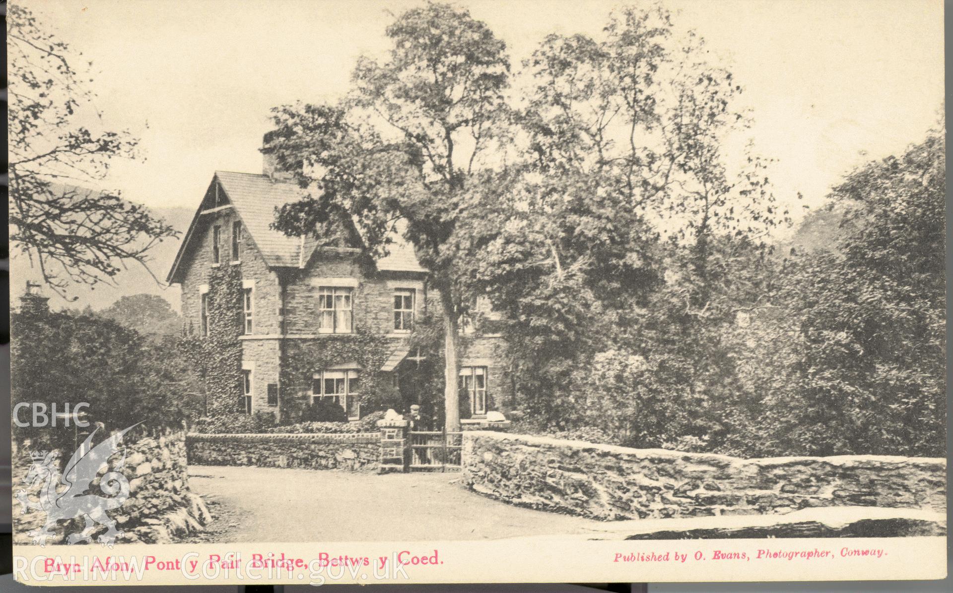 Digitised postcard image of Bryn Afon, Betws y Coed, O Evans, Photographer, Conway. Produced by Parks and Gardens Data Services, from an original item in the Peter Davis Collection at Parks and Gardens UK. We hold only web-resolution images of this collection, suitable for viewing on screen and for research purposes only. We do not hold the original images, or publication quality scans.