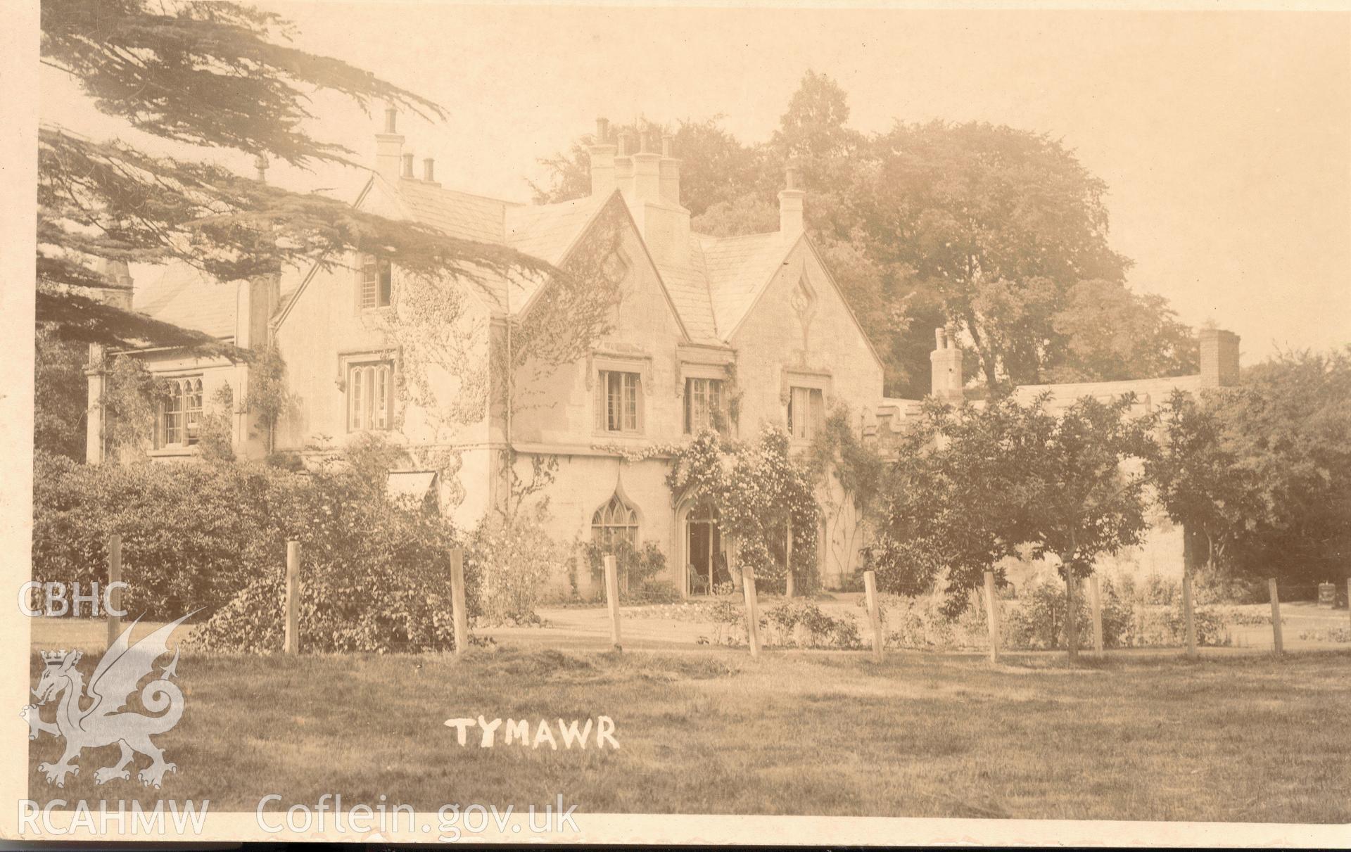 Digitised postcard image of Ty Mawr, Llanfrynach, J. Clark, 13 High Street, Brecon. Produced by Parks and Gardens Data Services, from an original item in the Peter Davis Collection at Parks and Gardens UK. We hold only web-resolution images of this collection, suitable for viewing on screen and for research purposes only. We do not hold the original images, or publication quality scans.
