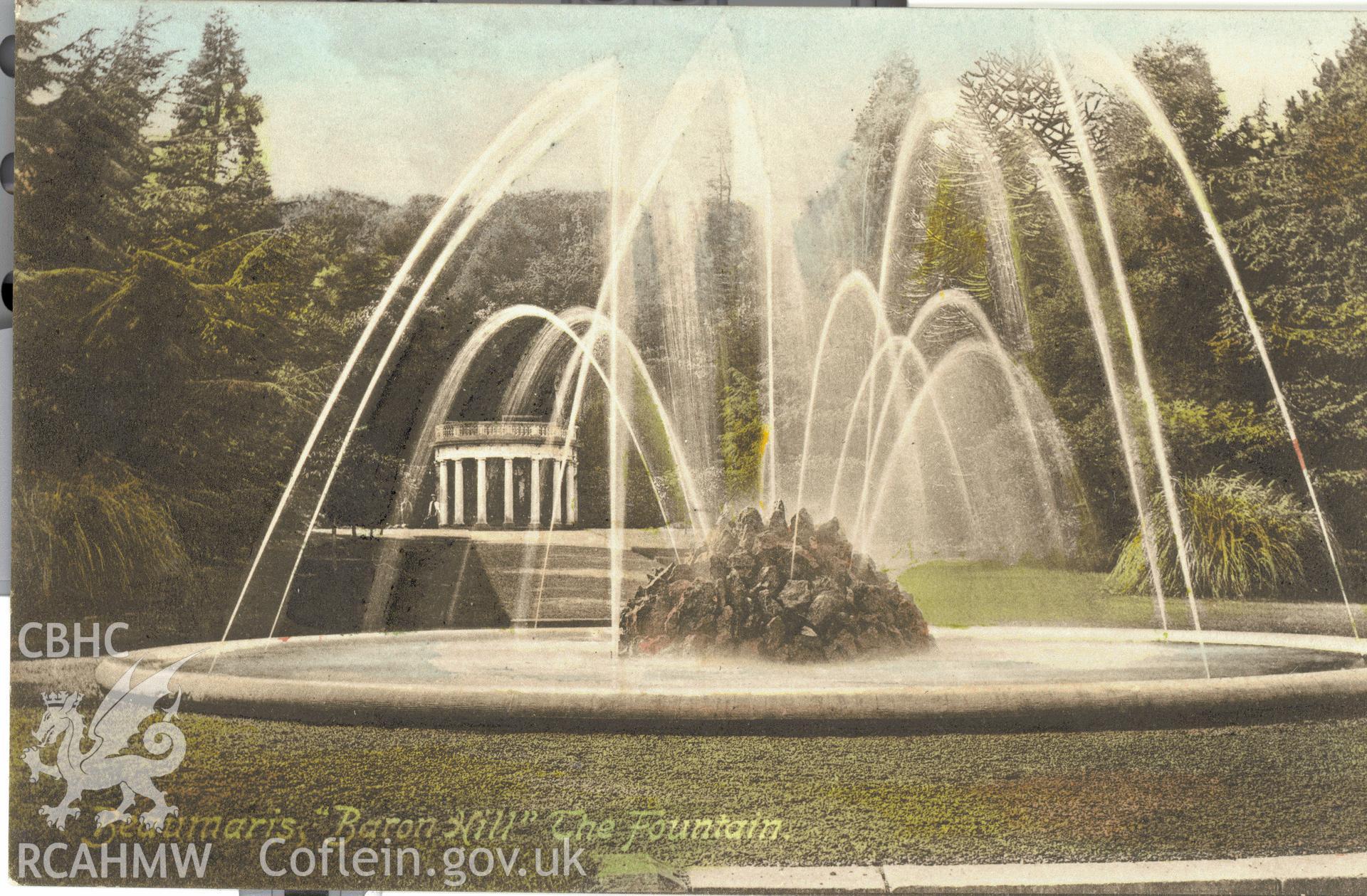 Digitised postcard image of Baron Hill Gardens, Beaumaris, F. Frith and Co Ltd. Produced by Parks and Gardens Data Services, from an original item in the Peter Davis Collection at Parks and Gardens UK. We hold only web-resolution images of this collection, suitable for viewing on screen and for research purposes only. We do not hold the original images, or publication quality scans.