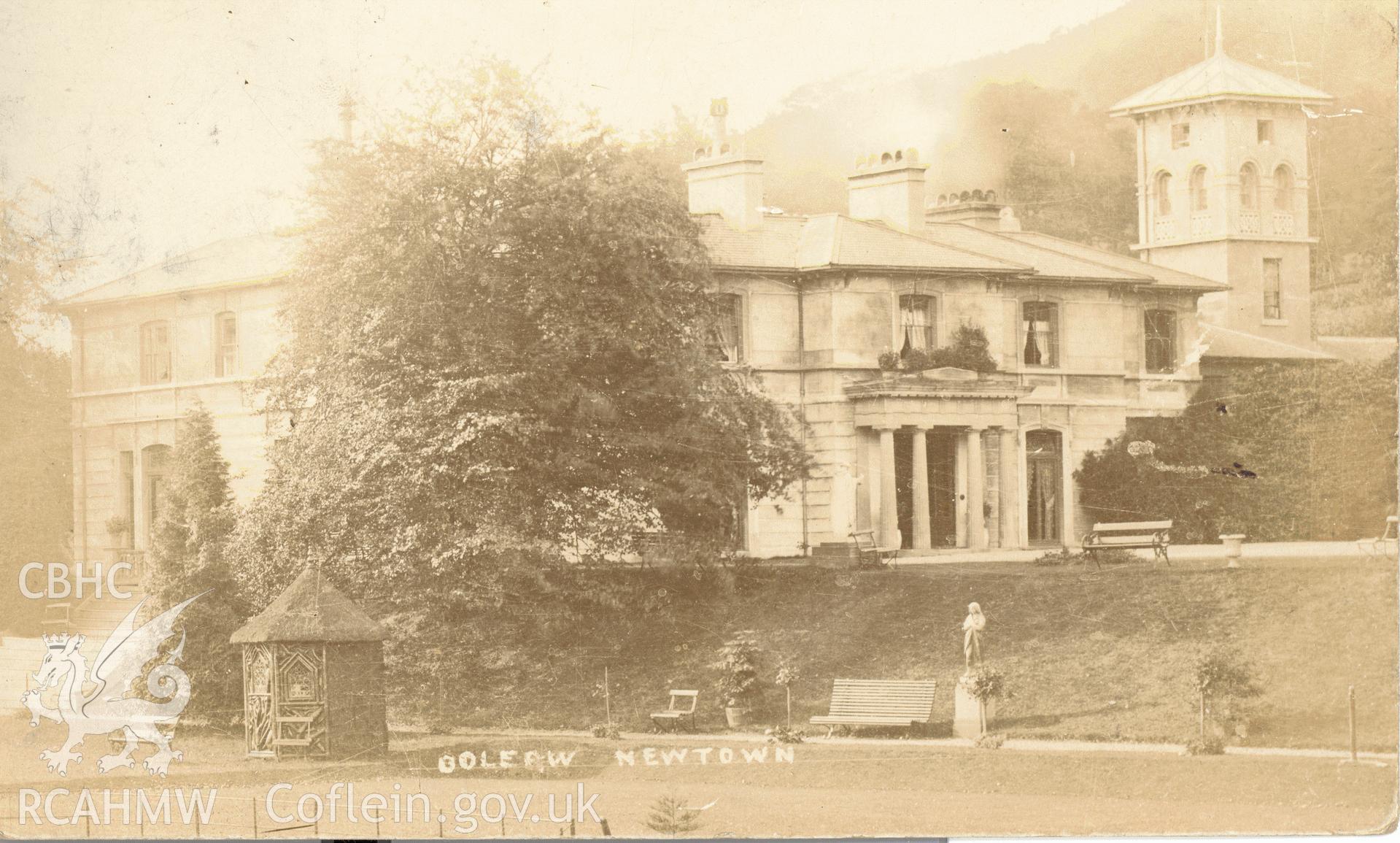 Digitised postcard image of Dolerw, Newtown. Produced by Parks and Gardens Data Services, from an original item in the Peter Davis Collection at Parks and Gardens UK. We hold only web-resolution images of this collection, suitable for viewing on screen and for research purposes only. We do not hold the original images, or publication quality scans.