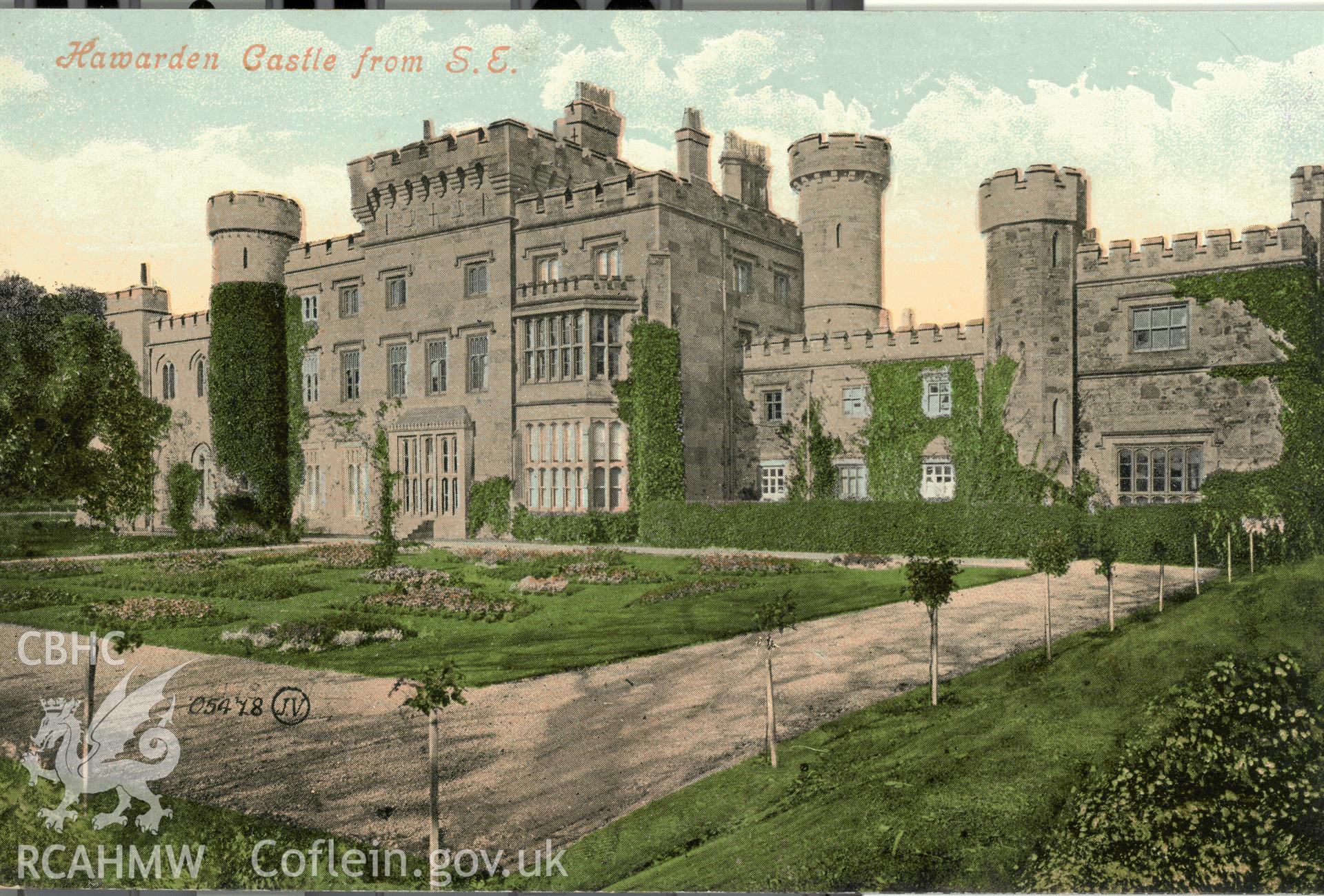 Digitised postcard image of Hawarden Castle, Valentine's Series. Produced by Parks and Gardens Data Services, from an original item in the Peter Davis Collection at Parks and Gardens UK. We hold only web-resolution images of this collection, suitable for viewing on screen and for research purposes only. We do not hold the original images, or publication quality scans.