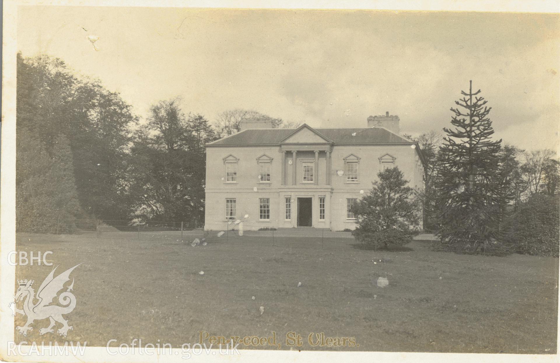 Digitised postcard image of Pen-y-Coed, St Clears. Produced by Parks and Gardens Data Services, from an original item in the Peter Davis Collection at Parks and Gardens UK. We hold only web-resolution images of this collection, suitable for viewing on screen and for research purposes only. We do not hold the original images, or publication quality scans.