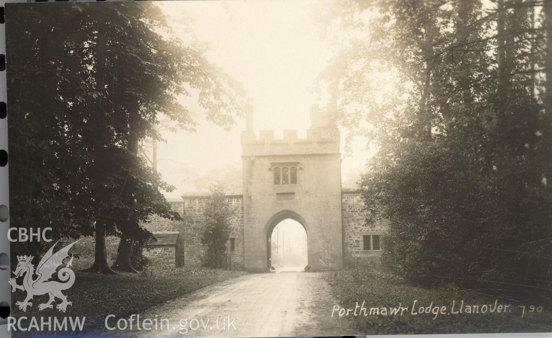 Digitised postcard image of Porthmawr Lodge, Llanover. Produced by Parks and Gardens Data Services, from an original item in the Peter Davis Collection at Parks and Gardens UK. We hold only web-resolution images of this collection, suitable for viewing on screen and for research purposes only. We do not hold the original images, or publication quality scans.