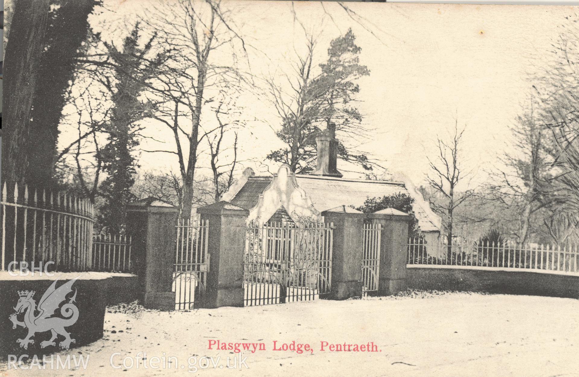 Digitised postcard image of Plasgwyn Beaumaris Lodge, Pentraeth, B. Thomas and Sons, Pentraeth, Anglesey. Produced by Parks and Gardens Data Services, from an original item in the Peter Davis Collection at Parks and Gardens UK. We hold only web-resolution images of this collection, suitable for viewing on screen and for research purposes only. We do not hold the original images, or publication quality scans.