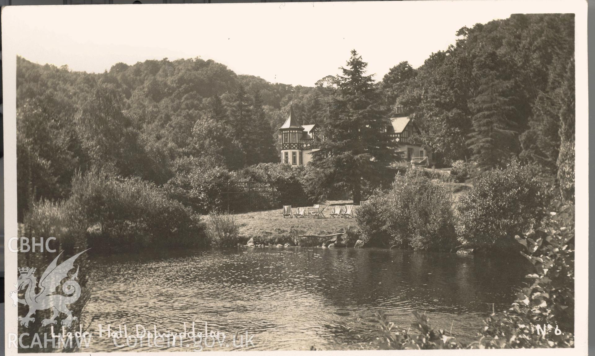 Digitised postcard image of  Lledr Hall, Dolwyddelan, B.P. Co. Ltd. Produced by Parks and Gardens Data Services, from an original item in the Peter Davis Collection at Parks and Gardens UK. We hold only web-resolution images of this collection, suitable for viewing on screen and for research purposes only. We do not hold the original images, or publication quality scans.