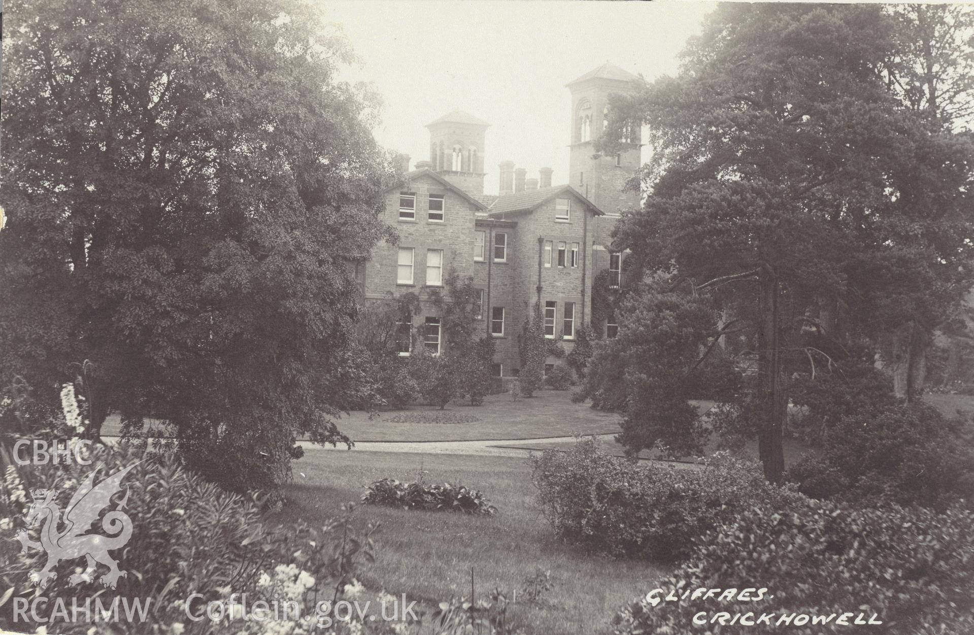 Digitised postcard image of Gliffaes House. Produced by Parks and Gardens Data Services, from an original item in the Peter Davis Collection at Parks and Gardens UK. We hold only web-resolution images of this collection, suitable for viewing on screen and for research purposes only. We do not hold the original images, or publication quality scans.