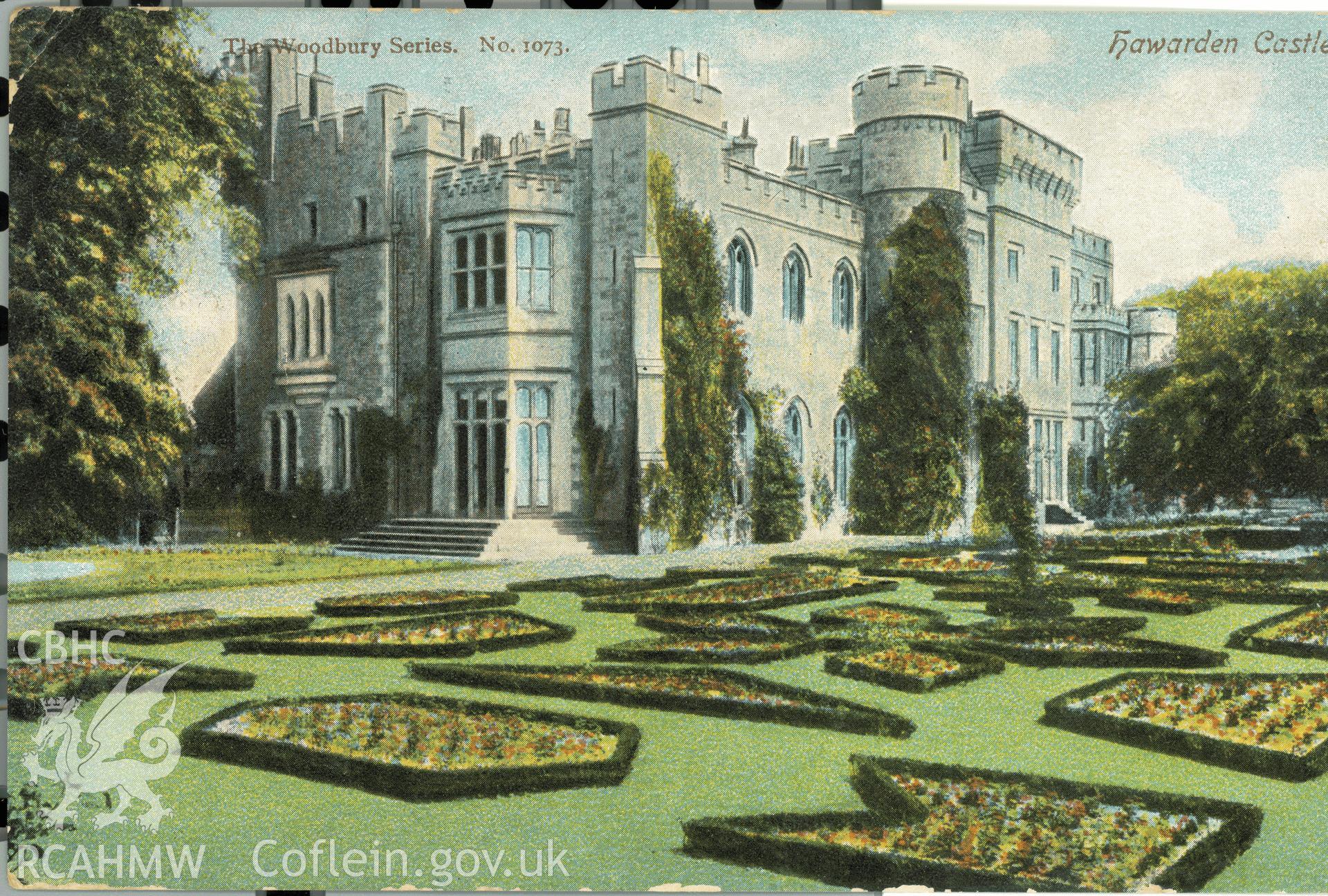 Digitised postcard image of Hawarden Castle, The Woodbury Series. Produced by Parks and Gardens Data Services, from an original item in the Peter Davis Collection at Parks and Gardens UK. We hold only web-resolution images of this collection, suitable for viewing on screen and for research purposes only. We do not hold the original images, or publication quality scans.