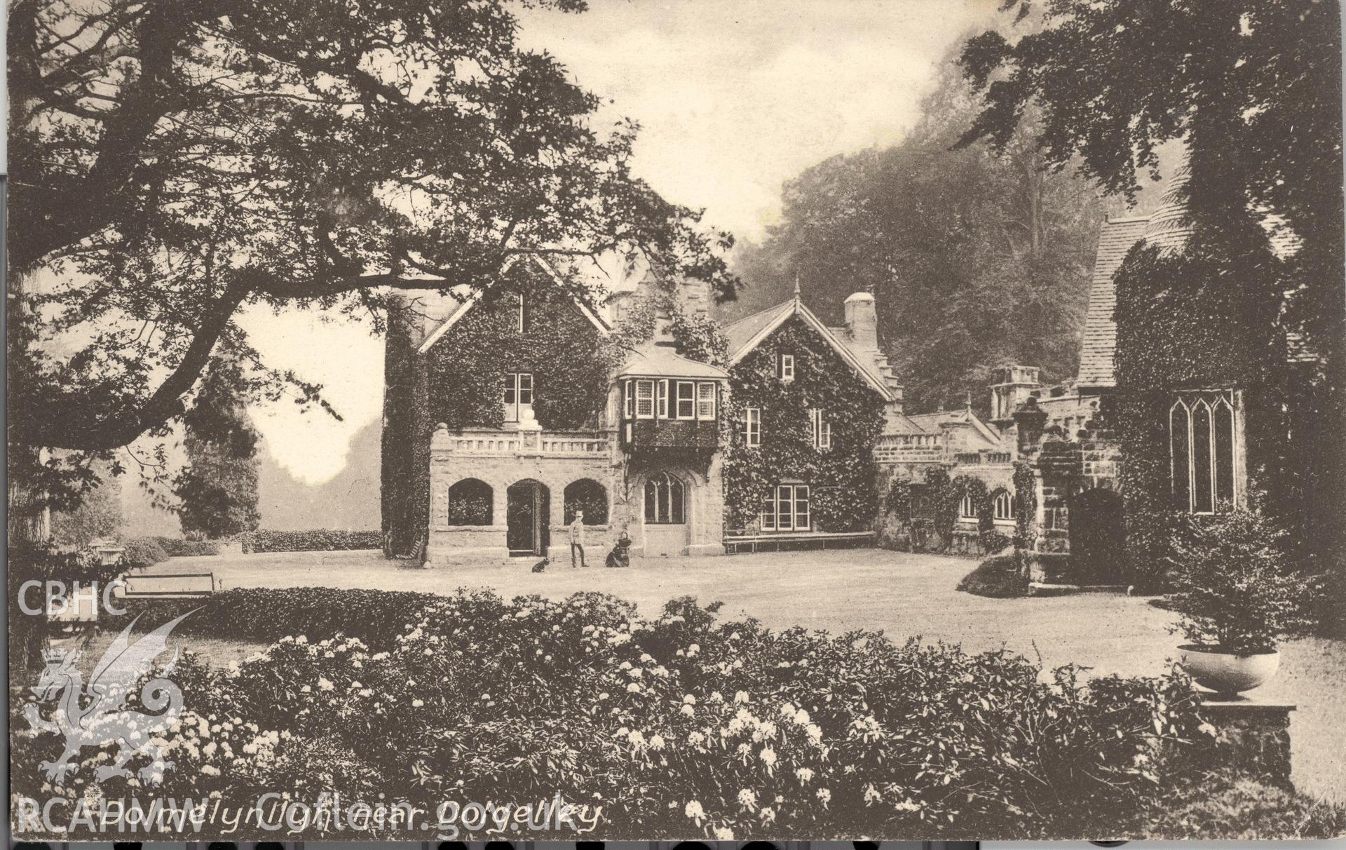 Digitised postcard image of Dolmelynllyn Hall, Ganllwyd. Produced by Parks and Gardens Data Services, from an original item in the Peter Davis Collection at Parks and Gardens UK. We hold only web-resolution images of this collection, suitable for viewing on screen and for research purposes only. We do not hold the original images, or publication quality scans.