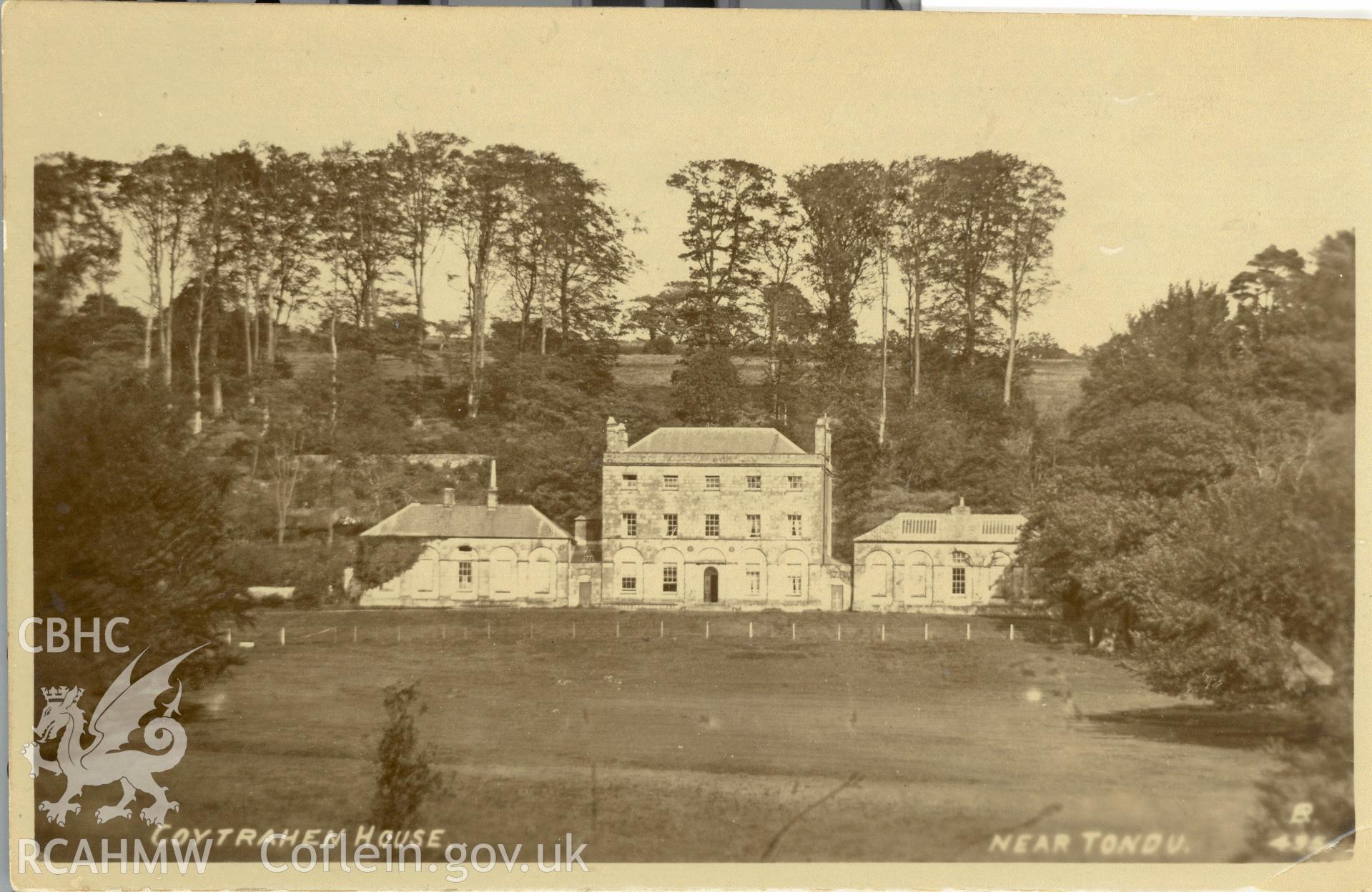 Digitised postcard image of Coytrahen House, Tondu. Produced by Parks and Gardens Data Services, from an original item in the Peter Davis Collection at Parks and Gardens UK. We hold only web-resolution images of this collection, suitable for viewing on screen and for research purposes only. We do not hold the original images, or publication quality scans.