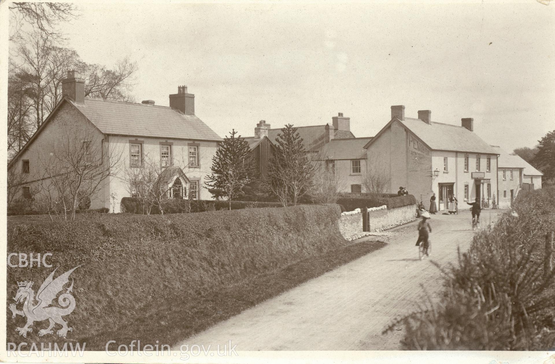 Digitised postcard image of Nantgaredig village, at the crossroads. Produced by Parks and Gardens Data Services, from an original item in the Peter Davis Collection at Parks and Gardens UK.  We hold only web-resolution images of this collection, suitable