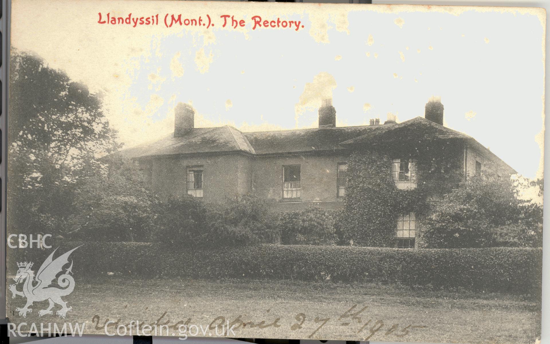 Digitised postcard image of Old Rectory, Llandyssil, Park & Son, Newtown. Produced by Parks and Gardens Data Services, from an original item in the Peter Davis Collection at Parks and Gardens UK. We hold only web-resolution images of this collection, suitable for viewing on screen and for research purposes only. We do not hold the original images, or publication quality scans.