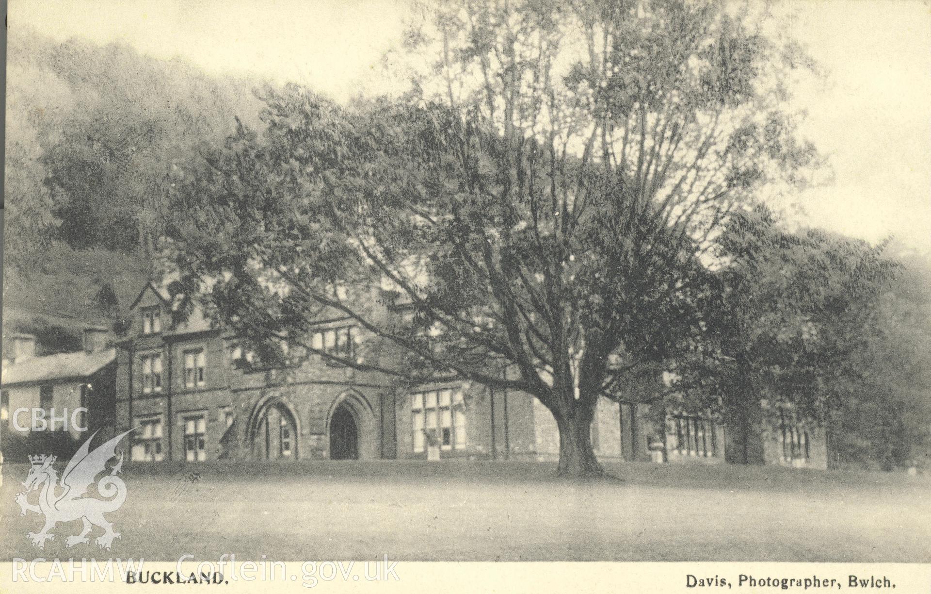 Digitised postcard image of Buckland Hall, Bwlch, Davis, Photographer, Bwlc. Produced by Parks and Gardens Data Services, from an original item in the Peter Davis Collection at Parks and Gardens UK. We hold only web-resolution images of this collection, suitable for viewing on screen and for research purposes only. We do not hold the original images, or publication quality scans.