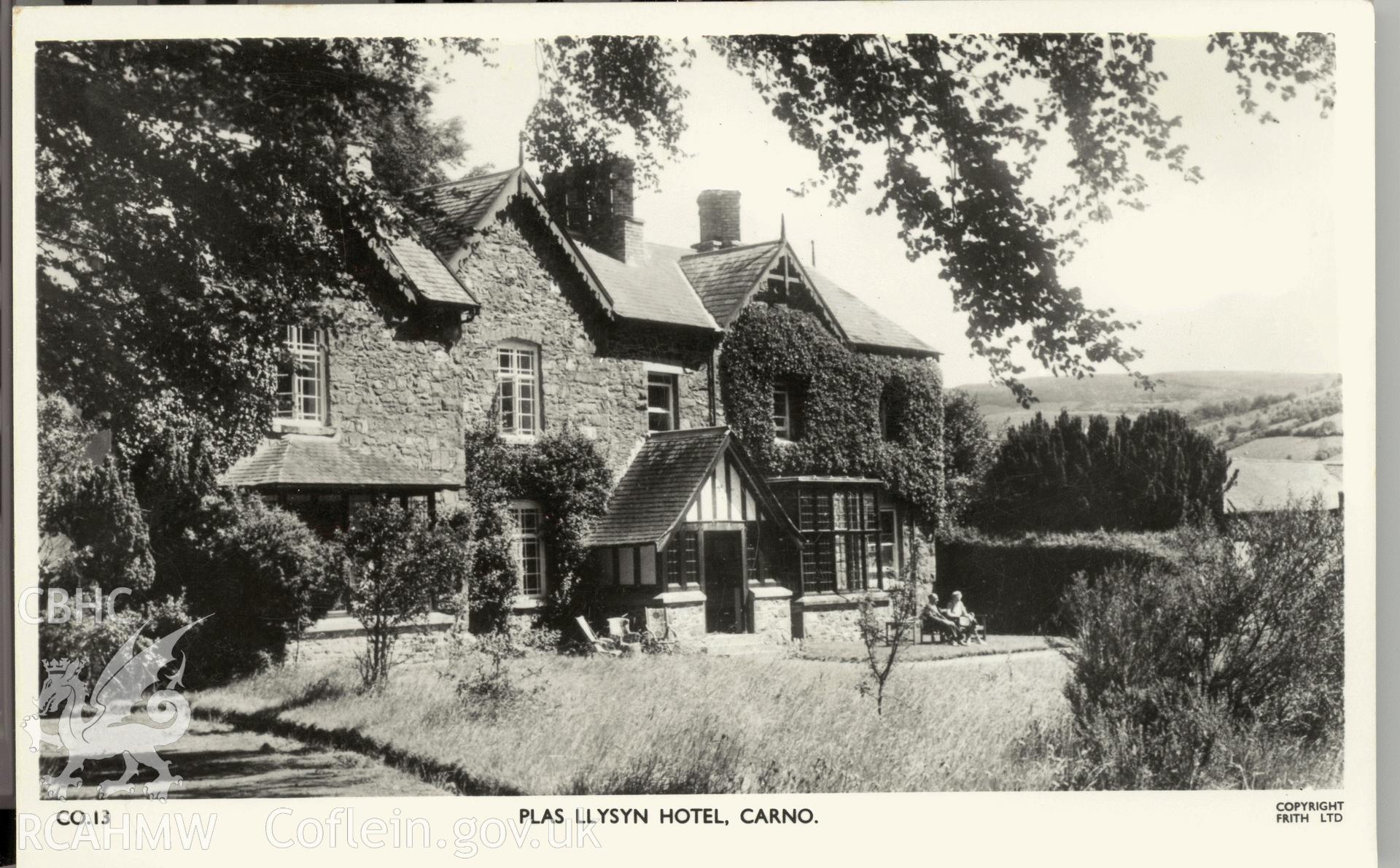 Digitised postcard image of Plas Llysyn, Carno, Frith's Series. Produced by Parks and Gardens Data Services, from an original item in the Peter Davis Collection at Parks and Gardens UK. We hold only web-resolution images of this collection, suitable for viewing on screen and for research purposes only. We do not hold the original images, or publication quality scans.