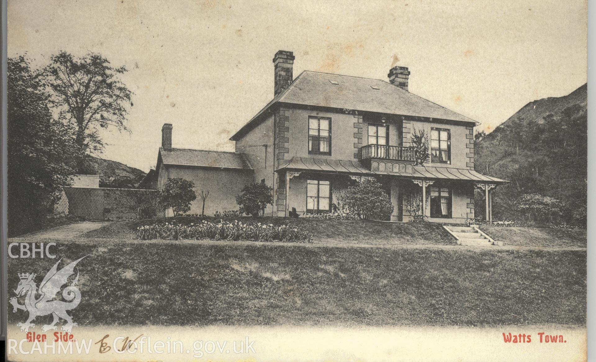 Digitised postcard image of Glen Side, Watts Town, the Artistic Publishing Co. Produced by Parks and Gardens Data Services, from an original item in the Peter Davis Collection at Parks and Gardens UK. We hold only web-resolution images of this collection, suitable for viewing on screen and for research purposes only. We do not hold the original images, or publication quality scans.