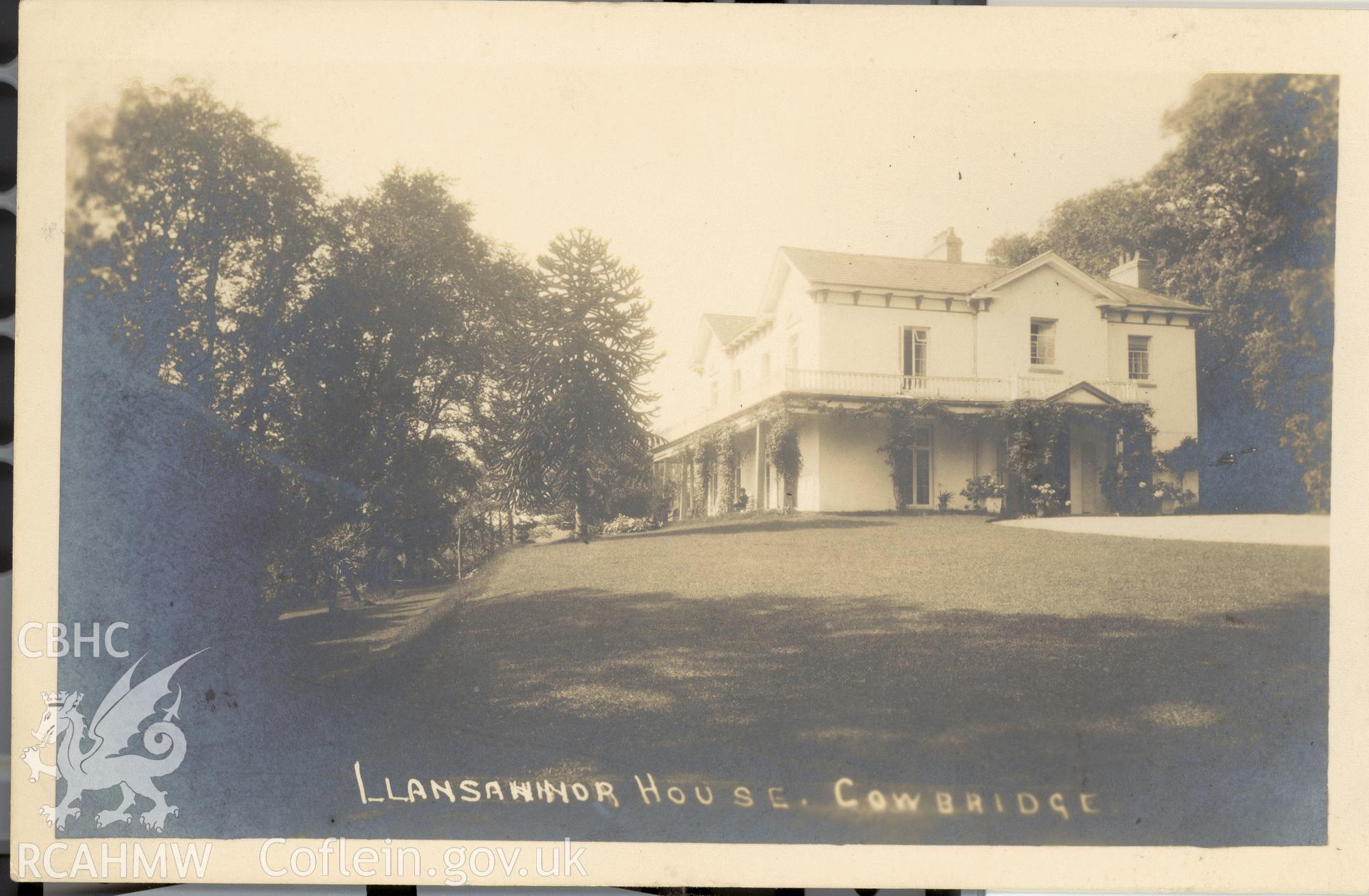 Digitised postcard image of Llansannor House, Ernest Carver, the Ruskin Art Studio, Bridgend. Produced by Parks and Gardens Data Services, from an original item in the Peter Davis Collection at Parks and Gardens UK. We hold only web-resolution images of this collection, suitable for viewing on screen and for research purposes only. We do not hold the original images, or publication quality scans.