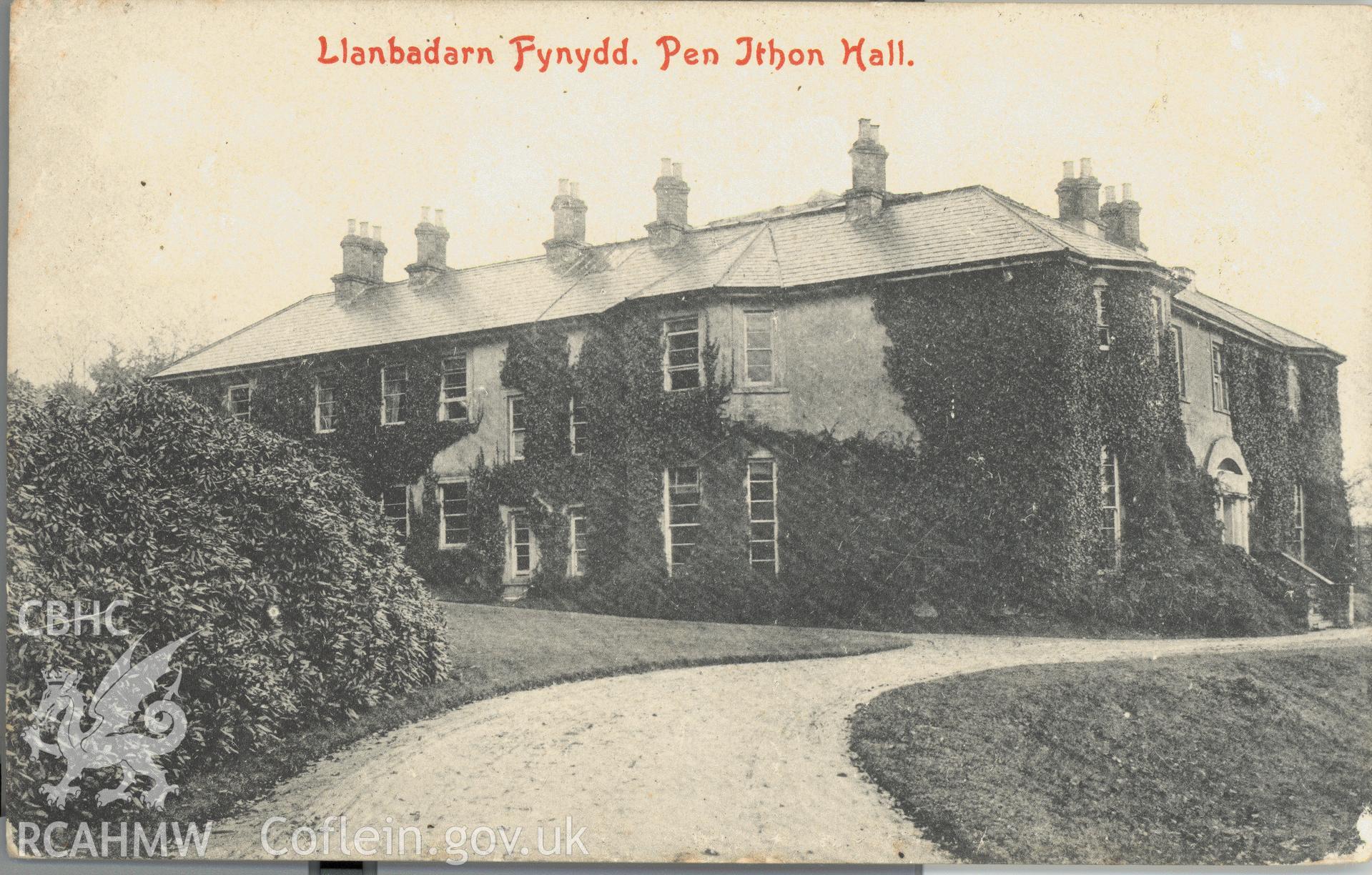 Digitised postcard image of Penithon hall, Park & Son, Newtown. Produced by Parks and Gardens Data Services, from an original item in the Peter Davis Collection at Parks and Gardens UK. We hold only web-resolution images of this collection, suitable for viewing on screen and for research purposes only. We do not hold the original images, or publication quality scans.